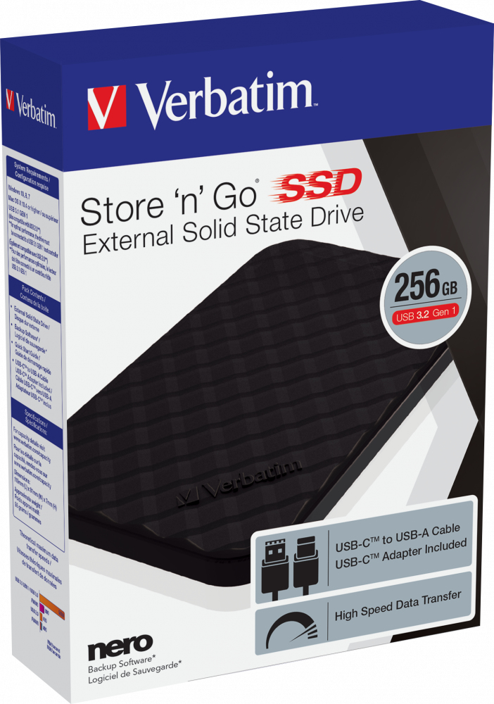 Verbatim Store &#039;n&#039; Go Portable SSD USB 3.2 GEN 1 256 GB - 256 GB - USB Typ-C - 3.2 Gen 1 (3.1 Gen 1) - Schwarz