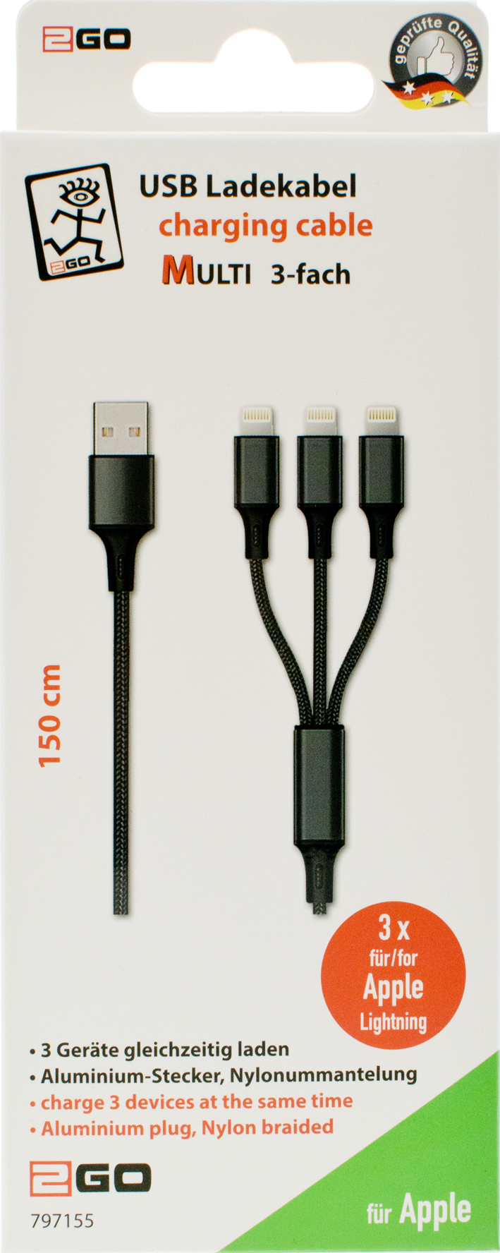 2GO 797155 - 1,5 m - USB B - USB C/Micro-USB B/Lightning - Schwarz, Ansicht 2