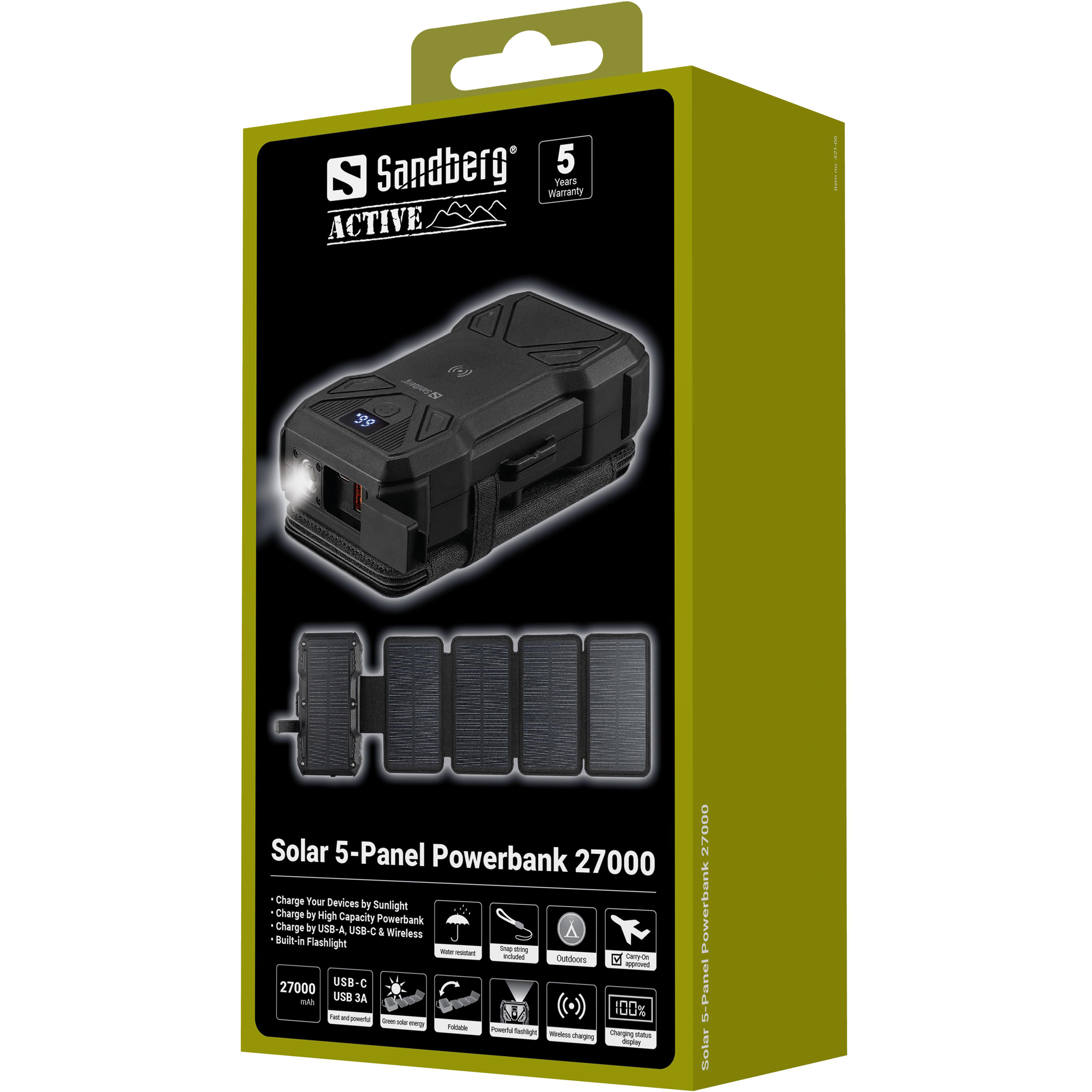 SANDBERG Solar PowerBank - Kabelloses Ladepad / Solar-Powerbank - 5-panel - 27000 mAh - 99.9 Wh - 22.5 Watt - 1.67 A, Ansicht 2