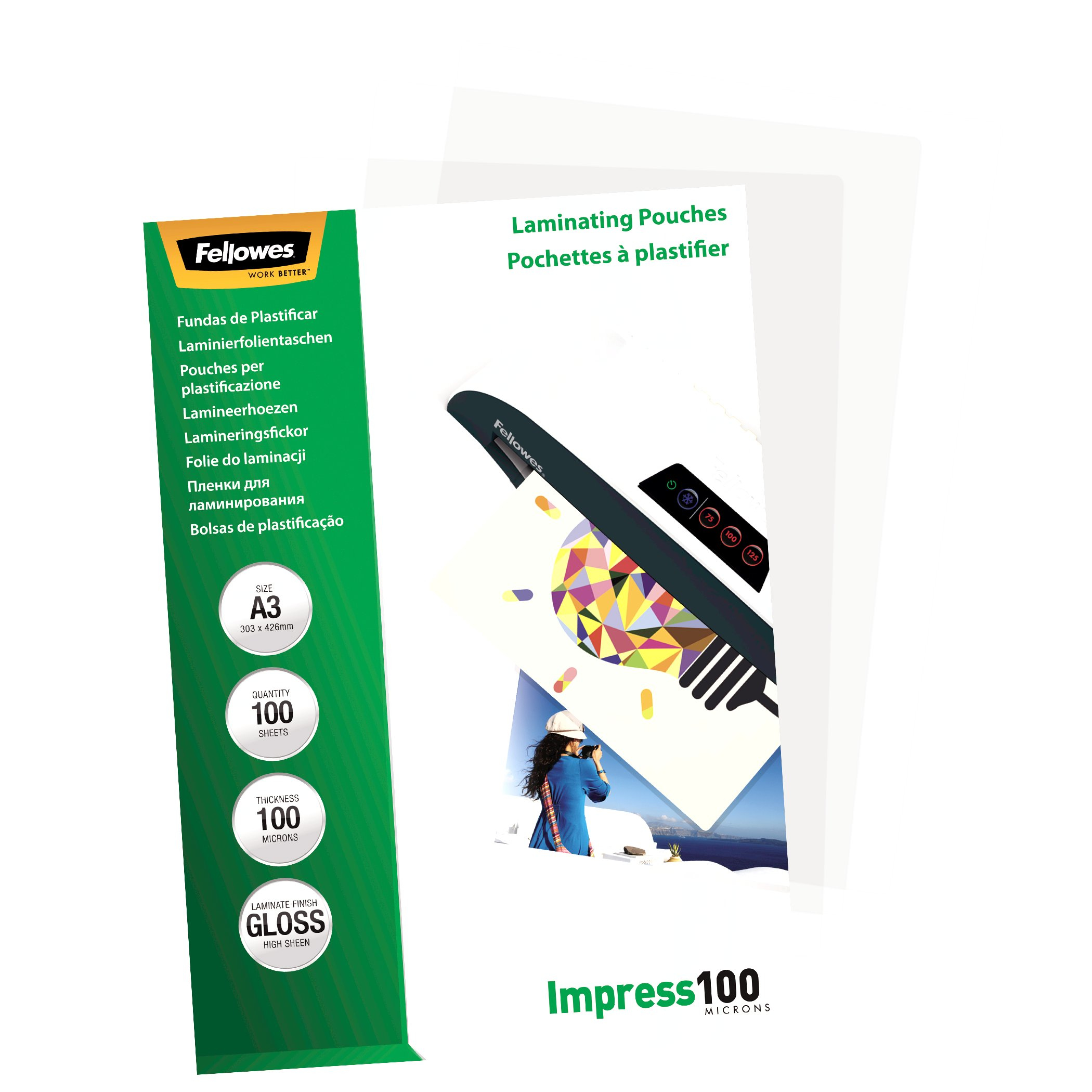Fellowes Laminating Pouches Impress 100 Micron - 100 Mikrometer - 100er-Pack - glänzend - durchsichtig - A3, Ansicht 3