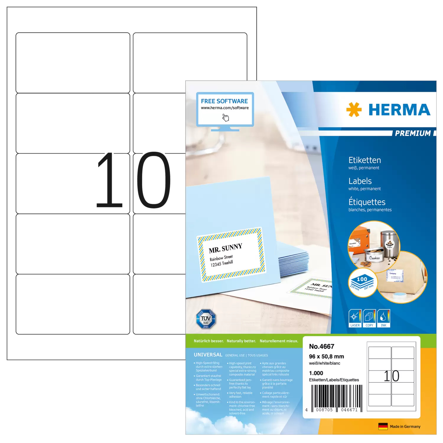 HERMA Premium - Papier - matt - permanent selbstklebend - weiß - 96 x 50.8 mm 1000 Etikett(en) (100 Bogen x 10), Ansicht 4