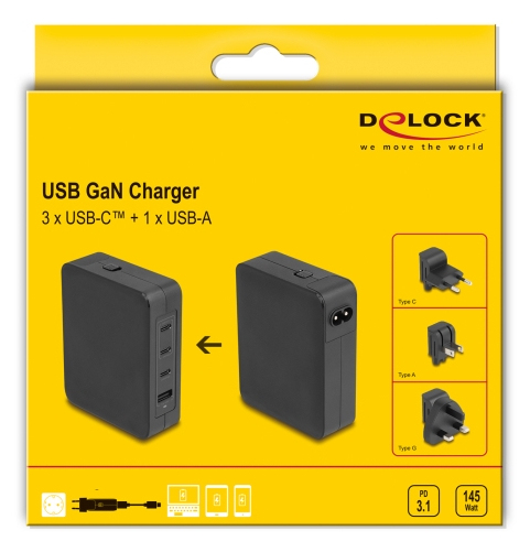 Delock Netzteil - GaN, 3 x USB-C PD 3.1 and 1 x USB-A with 145W power adapter EU/US/UK, Ansicht 4