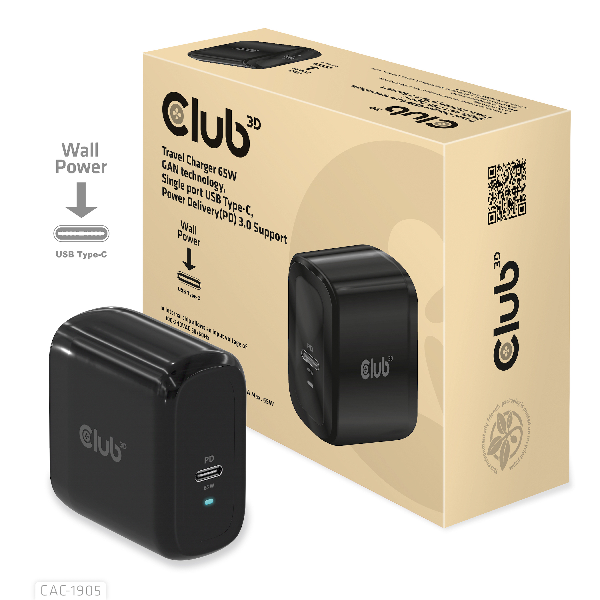 Club 3D Reiseladegerät 1xUSB Typ C PD 65W retail, Ansicht 2