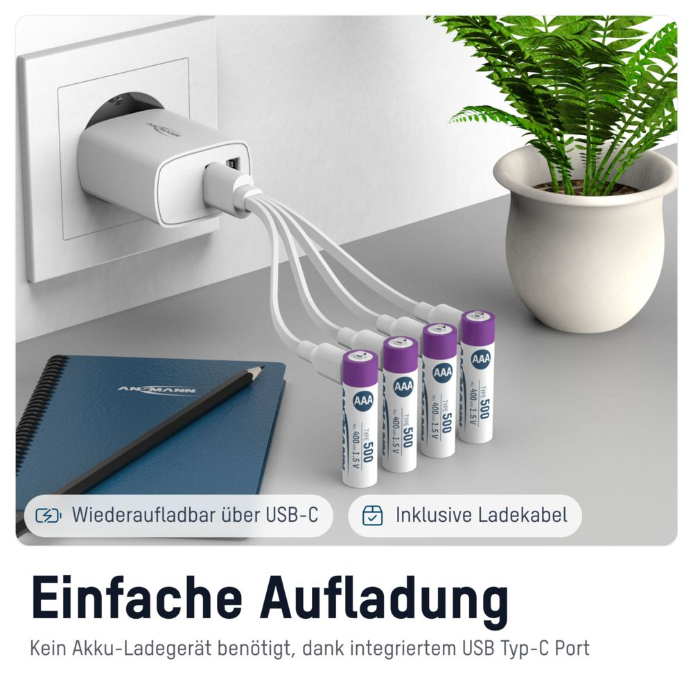 Ansmann LR03 USB-C Micro AAA -Akku Li-Ion 500 mAh 1.5 V 4 St. 1311-0028 - Akku - Micro (AAA), Ansicht 2