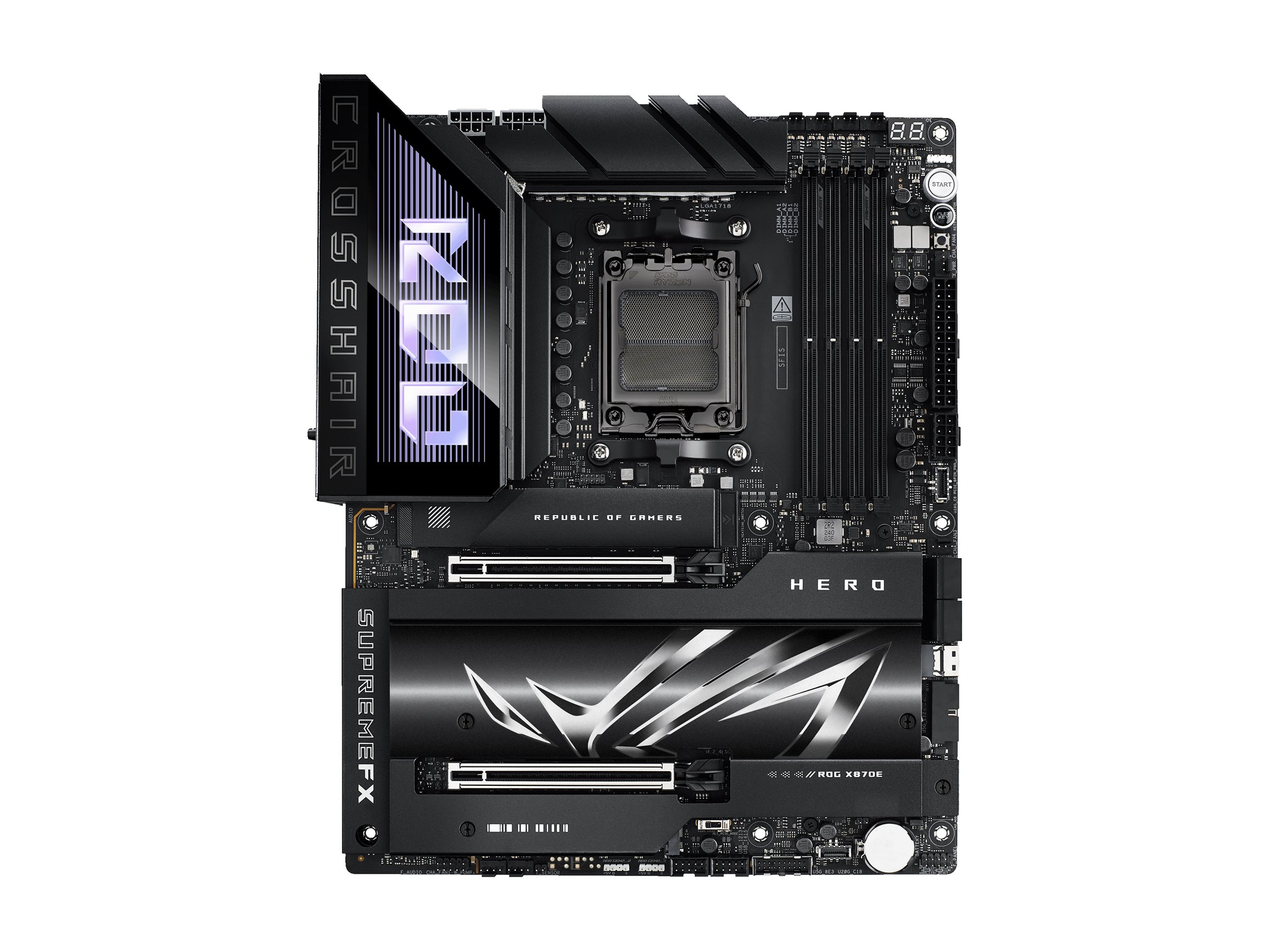 ASUS ROG CROSSHAIR X870E HERO - Motherboard - ATX - Socket AM5 - AMD X870E Chipsatz - USB4, USB 3.2 Gen 2, USB-C 3.2 Gen2, USB 3.2 Gen 1, USB-C 3.2 Gen 2x2 - Wi-Fi 7, Bluetooth, 5 Gigabit Ethernet - Onboard-Grafik (CPU erforderlich)