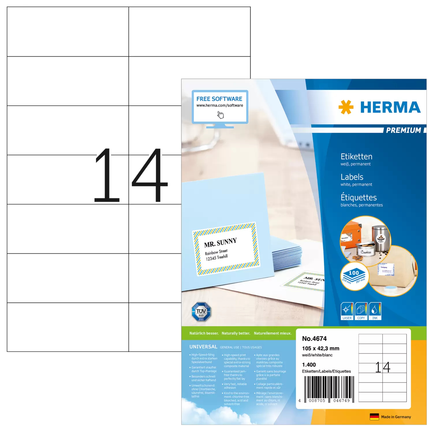 HERMA Premium - Papier - matt - permanent selbstklebend - weiß - 105 x 42.3 mm 1400 Etikett(en) (100 Bogen x 14), Ansicht 4