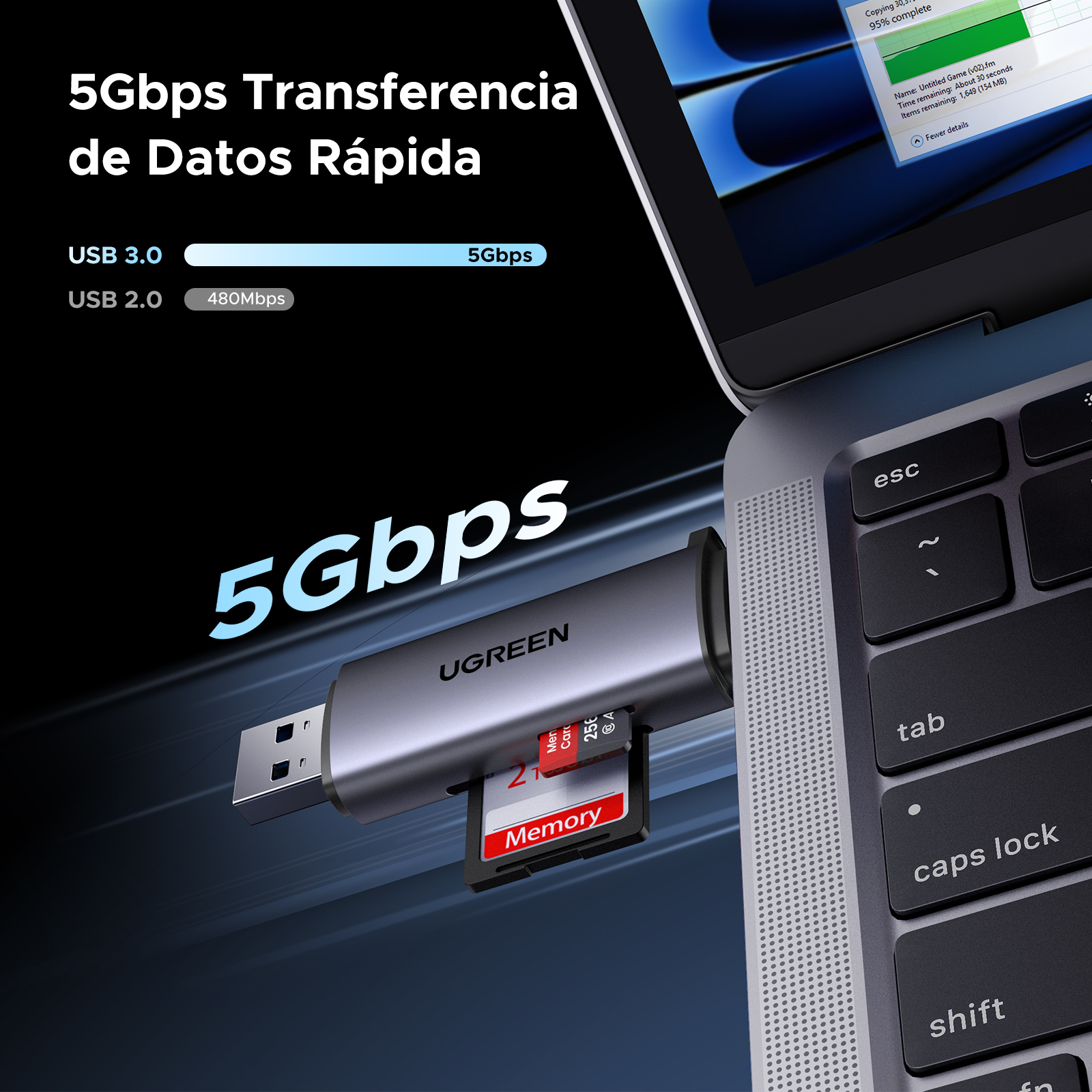 Ugreen Kartenleser - 2 in 1 (microSD, microSDHC, microSDXC, MMC, RS-MMC, SD, SDHC, SDXC), Ansicht 3