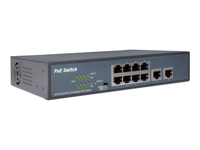 DIGITUS 8-Port Fast Ethernet PoE Netzwerkswitch, Desktop, unmanaged, 2 Uplink Ports RJ45,120 W, af/at