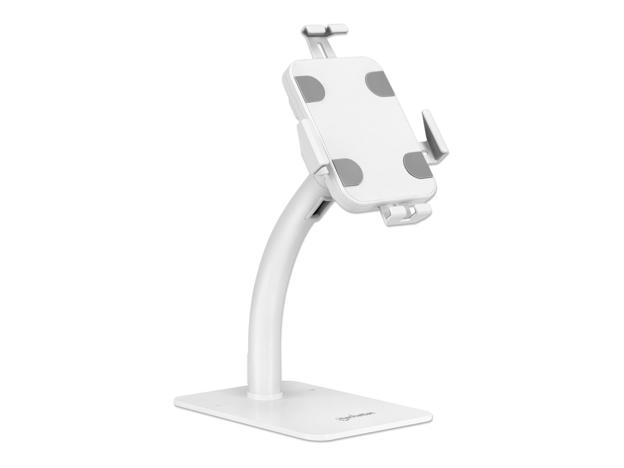 Manhattan Desktop Kiosk Stand (Anti theft) for Tablet and iPad, Universal, 360° Rotation, Tilt +20° to -110°, White, Lockable, Countertop Holder for 7.9" to 11" Tablets, Extendable clamps: height 200 to 246mm/width 129 to 181mm, Lifetime warranty - Aufste