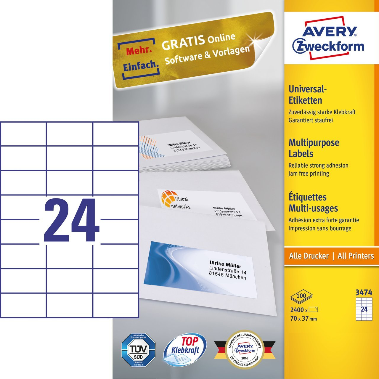 Avery Zweckform Avery - Weiß - 70 x 37 mm 2400 Etikett(en) (100 Bogen x 24), Ansicht 2