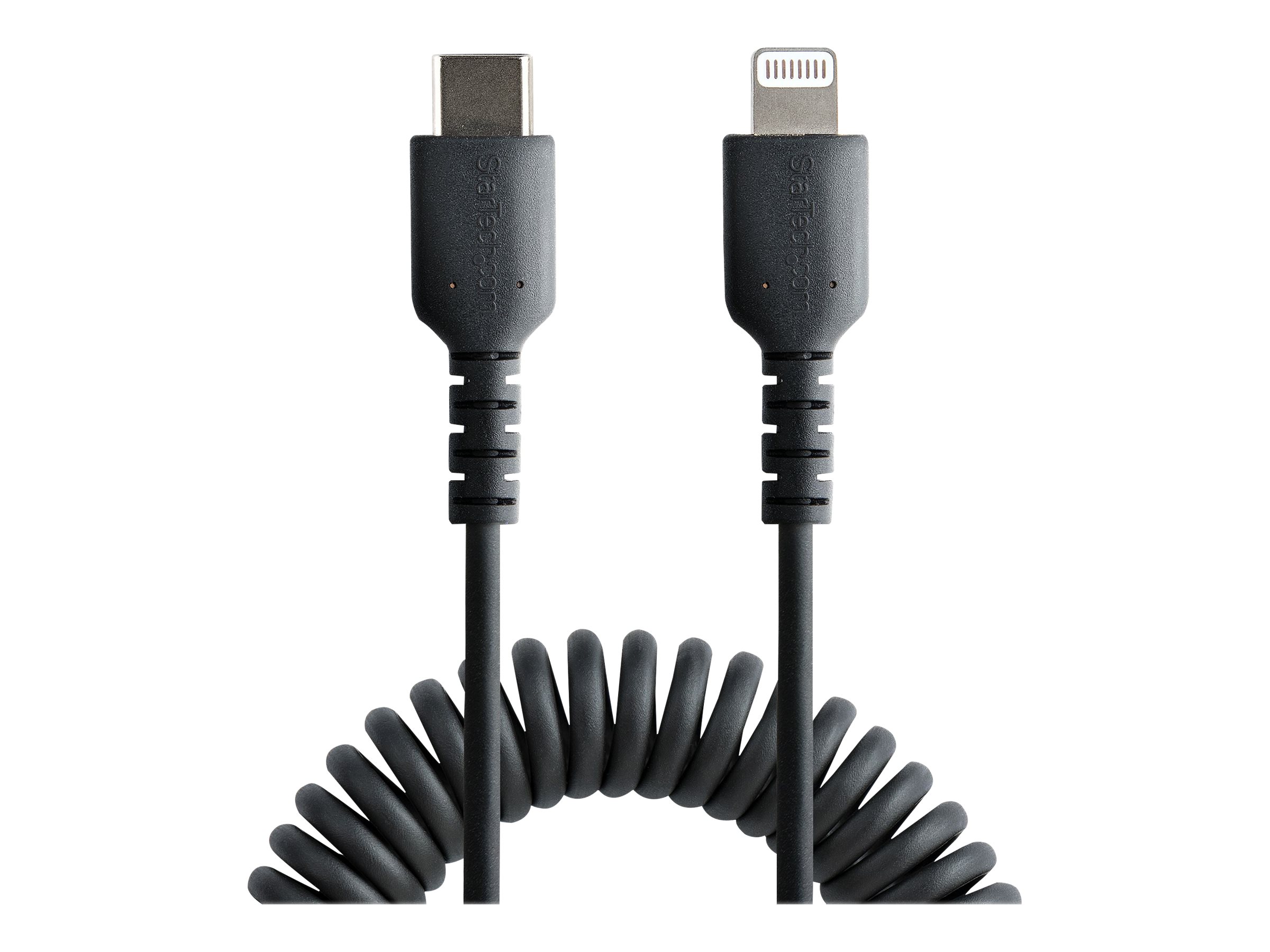 StarTech.com 1m USB C auf Lightning Kabel, spiralkabel, MFi-zertifiziert, Schnellladekabel für iPhone/iPad/iPod , schwarz, langlebiger TPE-Mantel aus Aramidfaser, USB C 2.0 Kabel (RUSB2CLT1MBC)