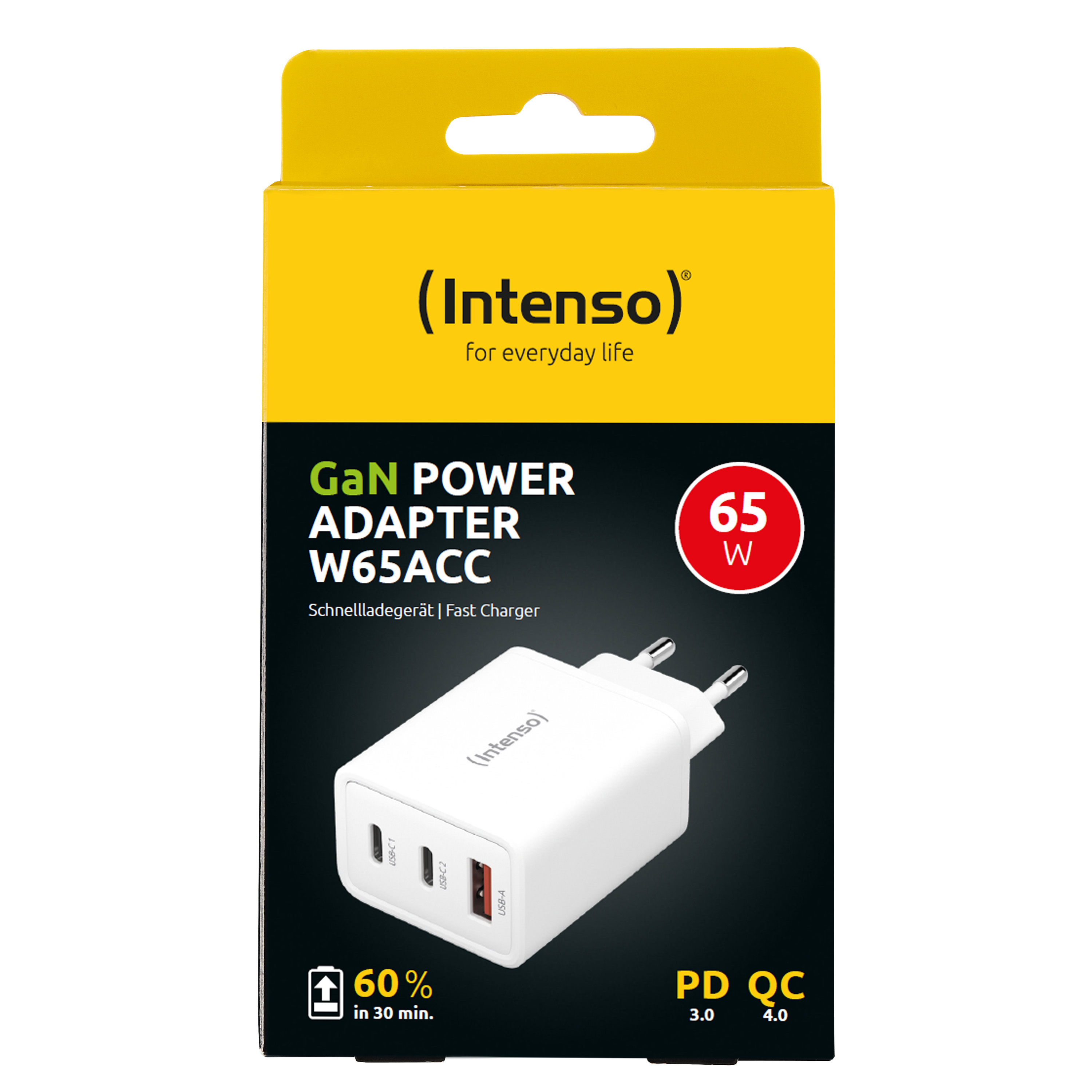 Intenso W65ACC - Netzteil - GaN - 65 Watt - PD 3.0, PD/PPS, QC 4.0 - 3 Ausgabeanschlussstellen (2 x USB-C, USB Typ A), Ansicht 3