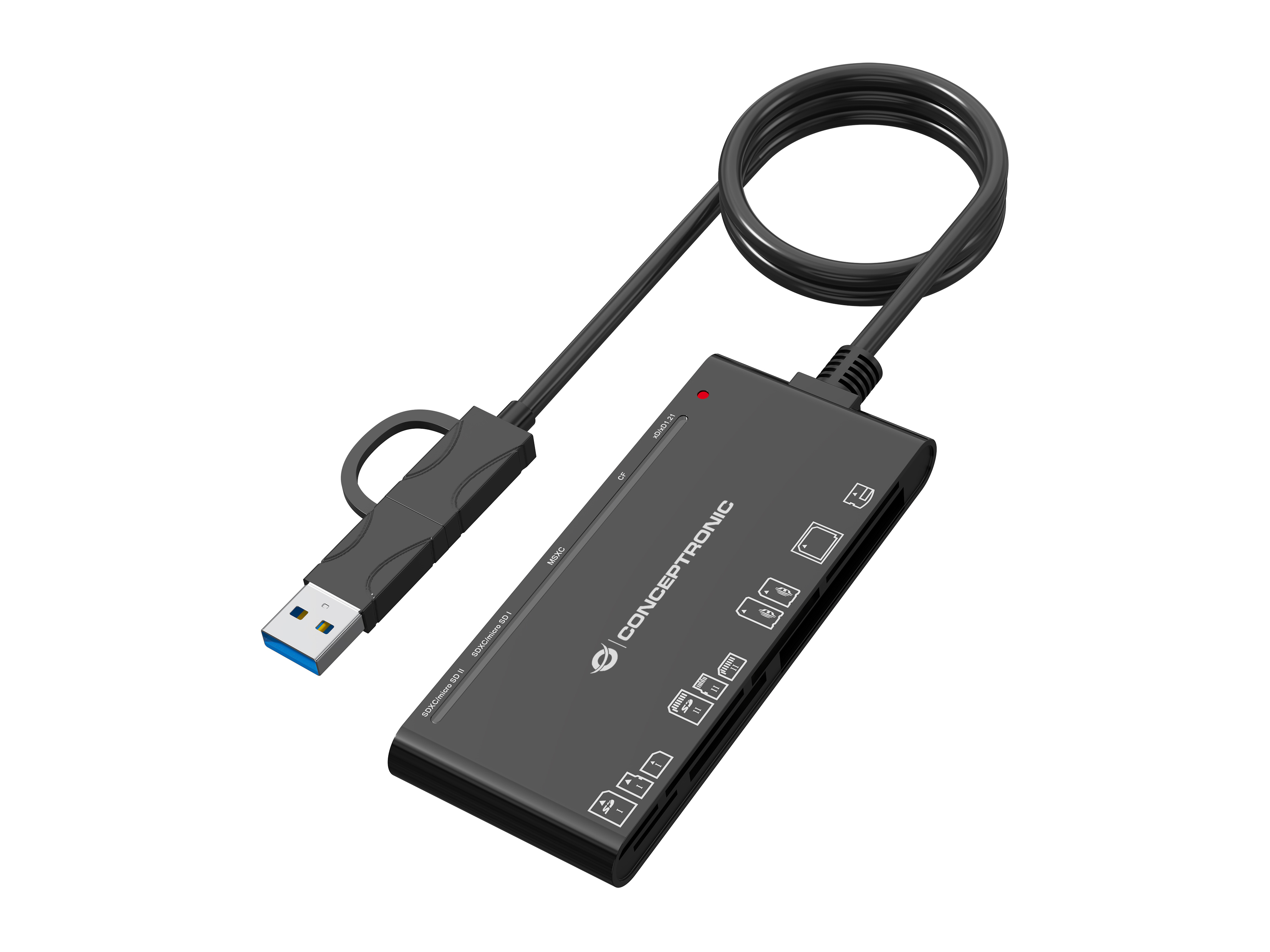 Conceptronic Card USB-A/C->SD/MicroSD/+ schwarz - Card-Reader - CompactFlash (CF Typ 1/CF+), Ansicht 2