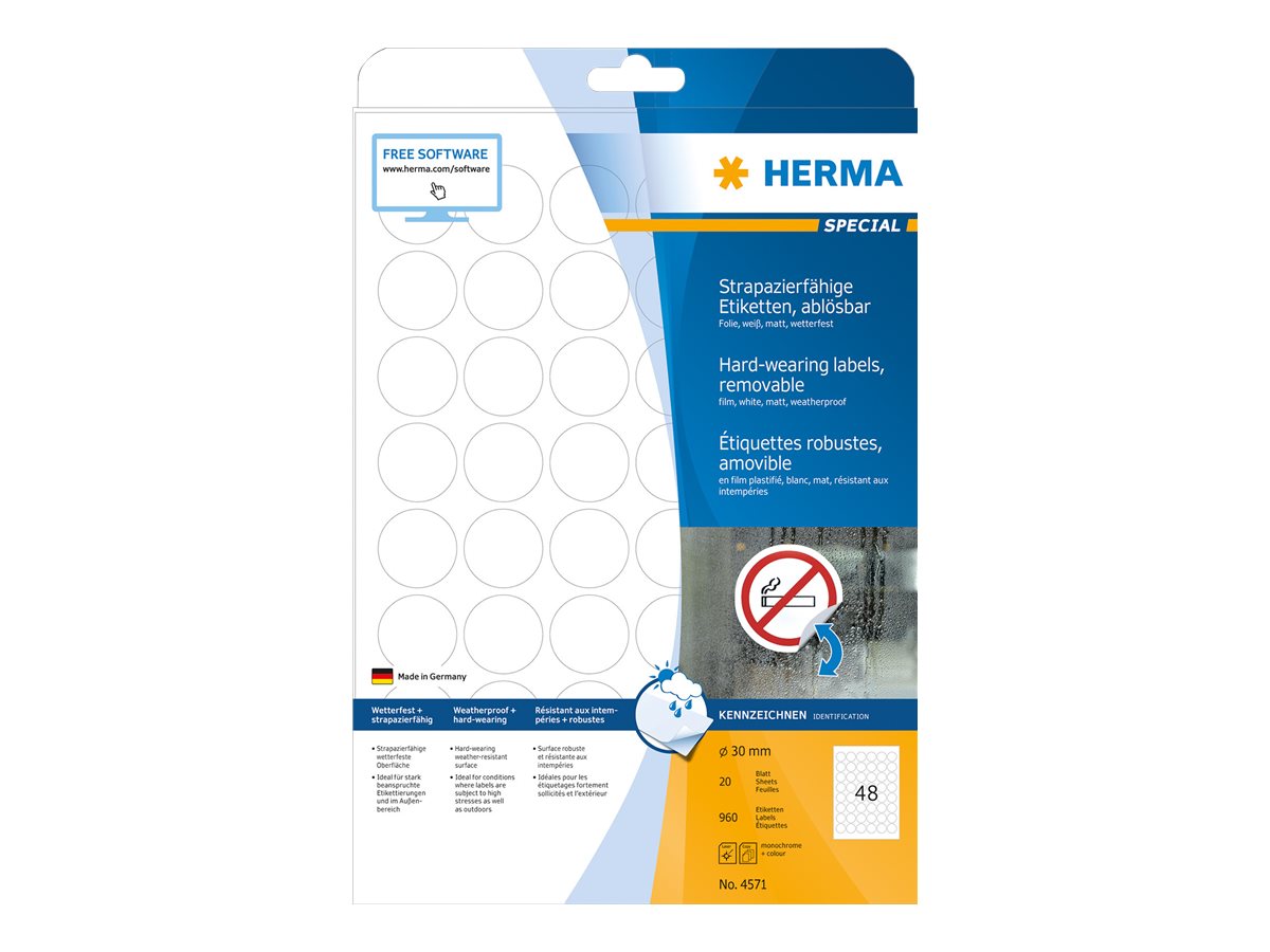 HERMA Special - Matt - selbstklebend entfernbarer Klebstoff - weiß - 30 mm rund 960 Etikett(en) (20 Bogen x 48)