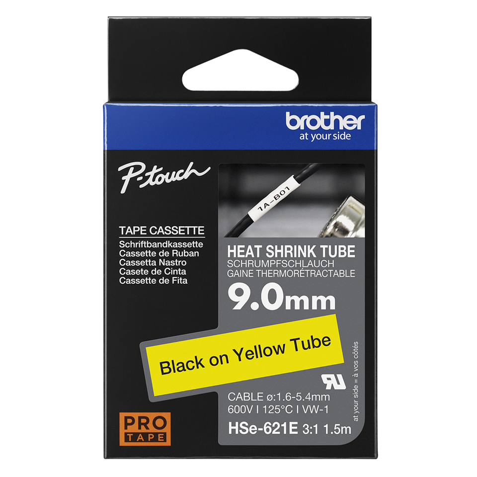 Brother HSe-621E - Schwarz auf Gelb - Roll (0,9 cm x 1,5 m), Ansicht 2