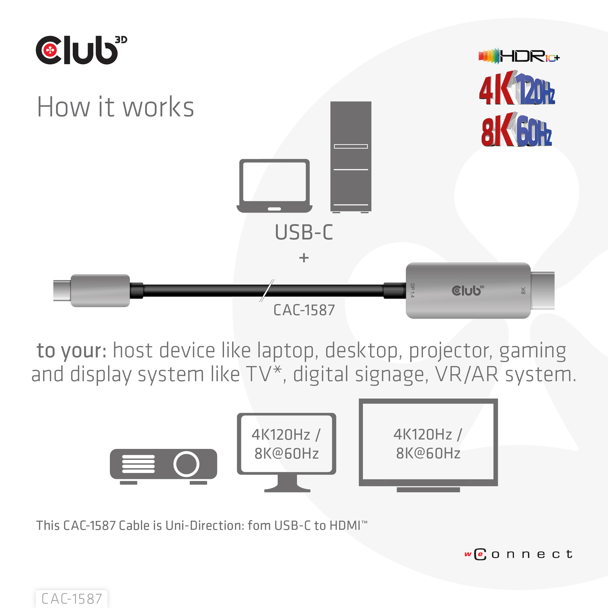 Club 3D Adapterkabel - 24 pin USB-C männlich zu HDMI männlich - 3 m - aktiv, Support von 4K 120 Hz, unterstützt 8K 60 Hz, Ansicht 4