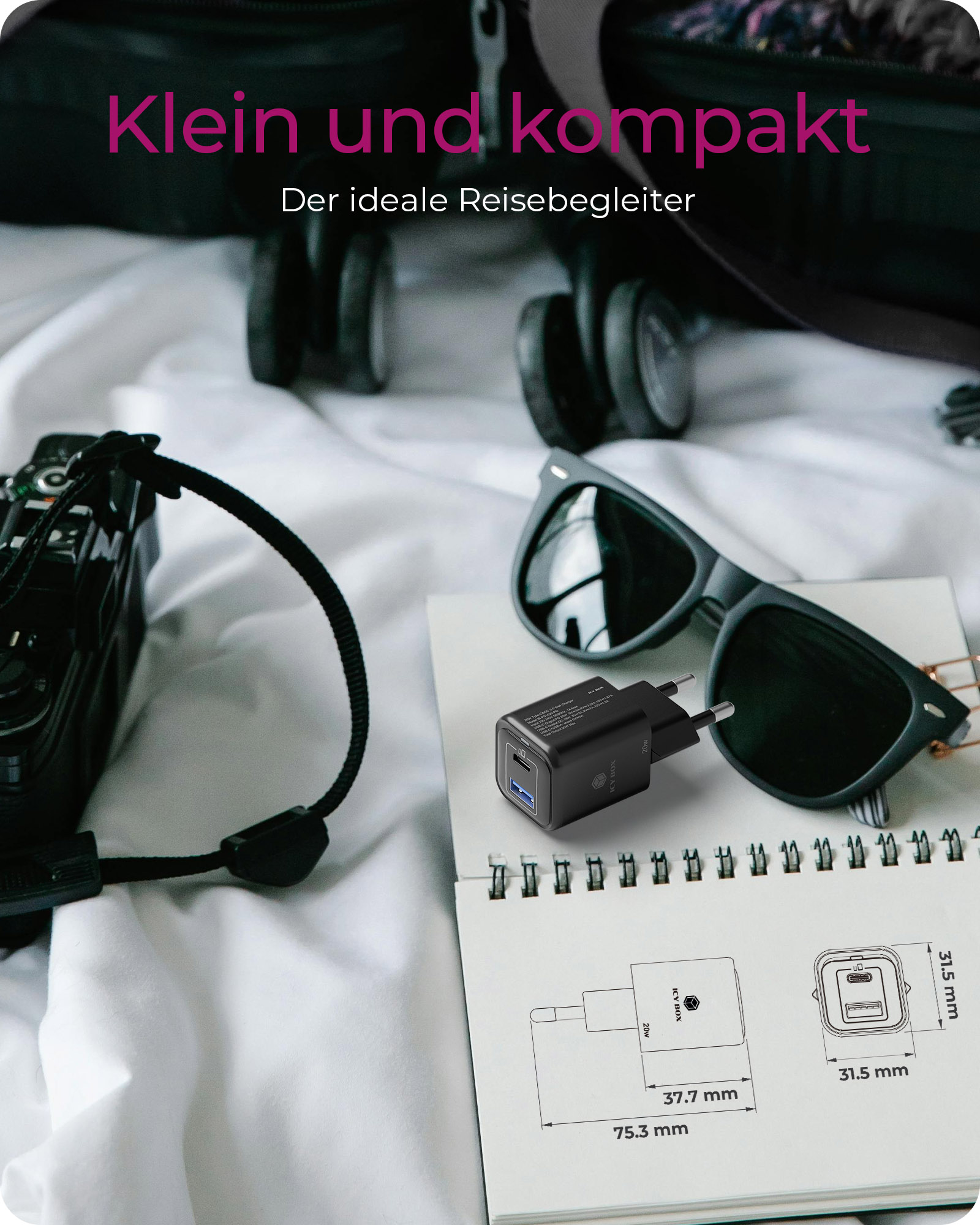 ICY BOX IB-PS1020-PD - Netzteil - 20 Watt - 3 A - PD 3.0, QC 3.0 - 2 Ausgabeanschlussstellen (24 pin USB-C, USB), Ansicht 3
