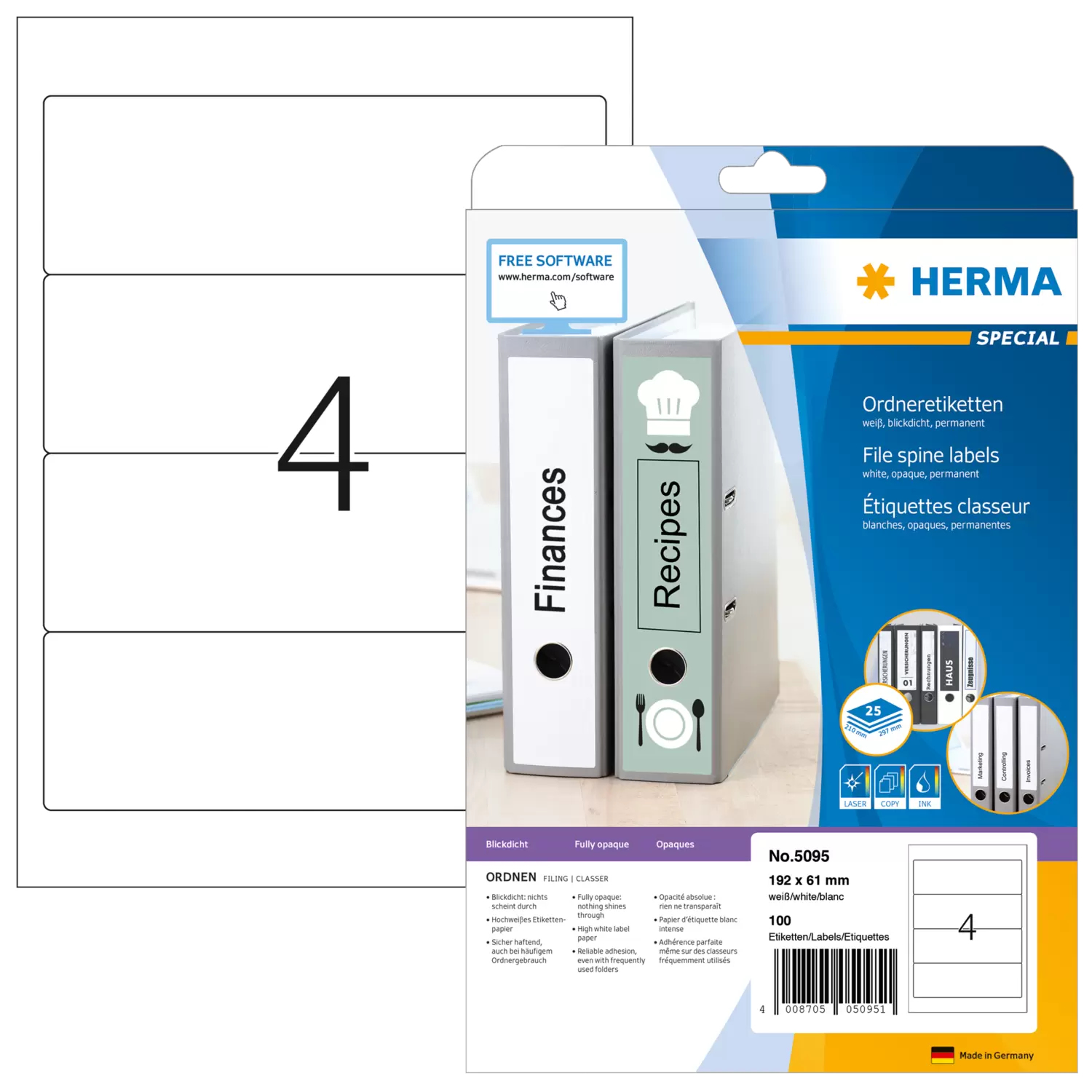 HERMA Special - Papier - matt - permanent selbstklebend - weiß - 192 x 61 mm 100 Etikett(en) (25 Bogen x 4), Ansicht 4