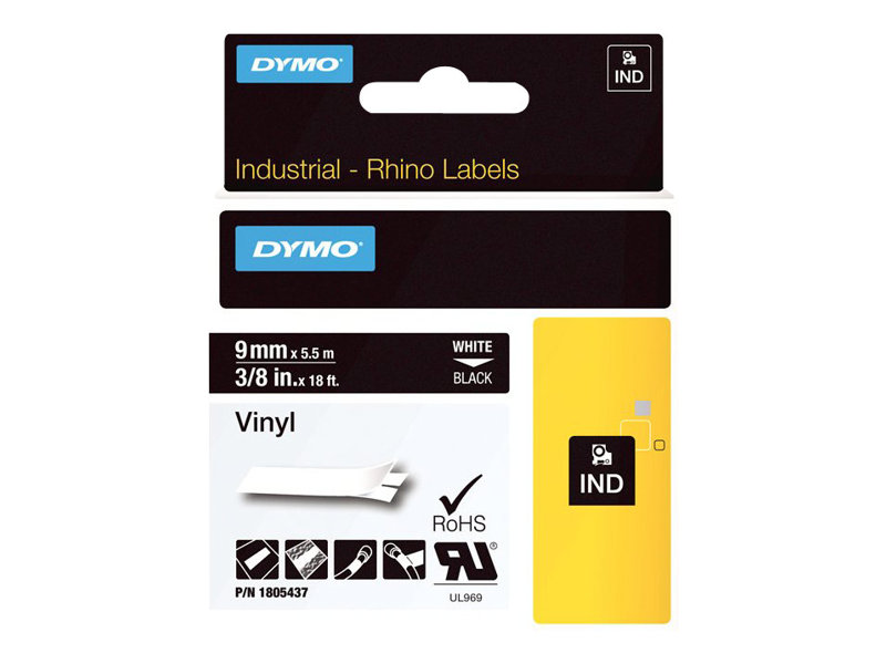 Dymo Rhino Coloured Vinyl - Vinyl - permanenter Klebstoff - Weiß auf Schwarz - Rolle (1 cm x 5,5 m), Ansicht 3