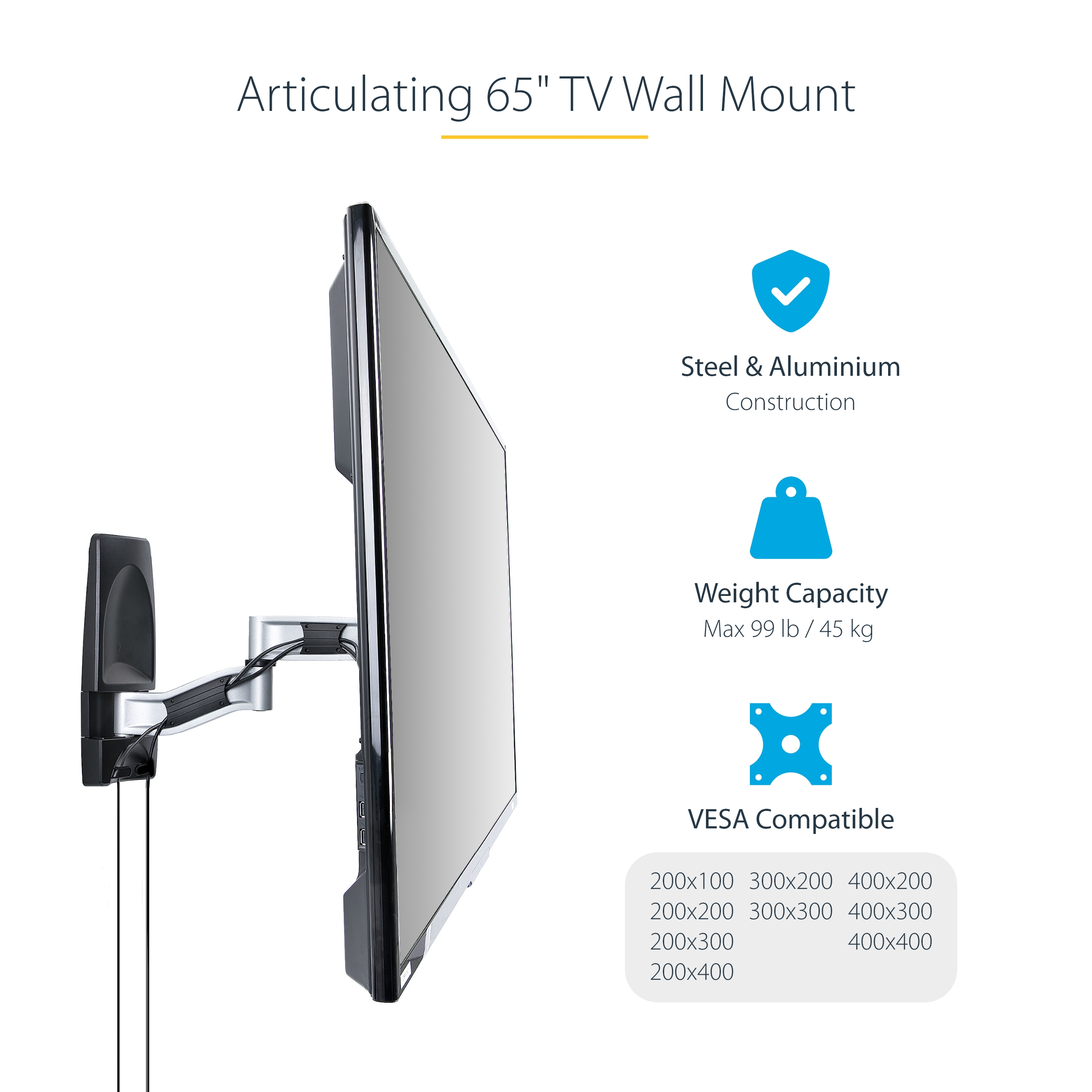 StarTech.com Articulating TV Wall Mount, VESA Wall Mount Supports 65 inch/99lb/Flat/Curved TVs, Ansicht 2