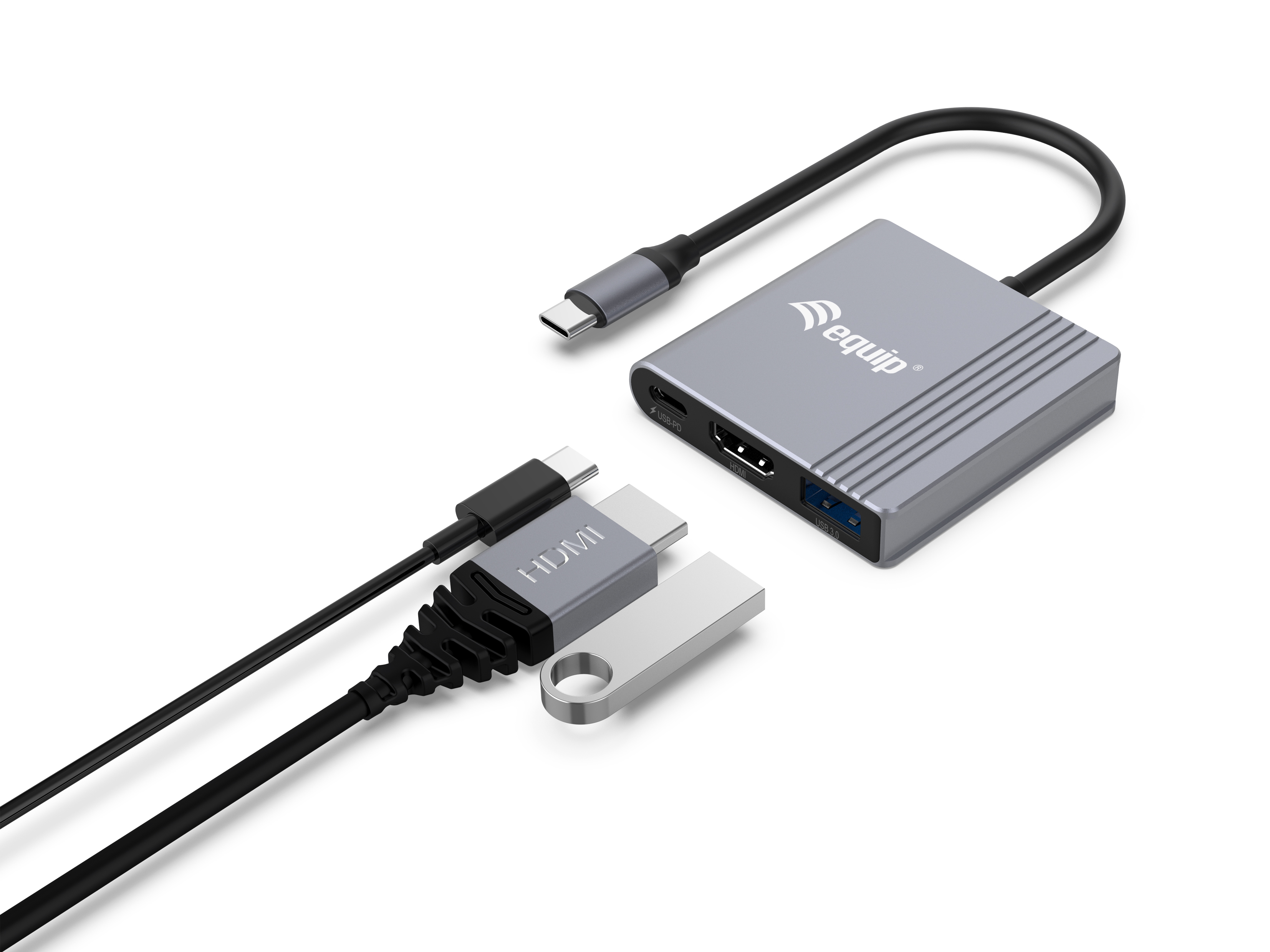 Equip 3-in-1-USB-C-zu-HDMI-/USB-A-/USB-PD-Adapter - 3.2 Gen 1 (3.1 Gen 1) - USB Typ-C - HDMI-Ausgang - 3840 x 2160 Pixel, Ansicht 3