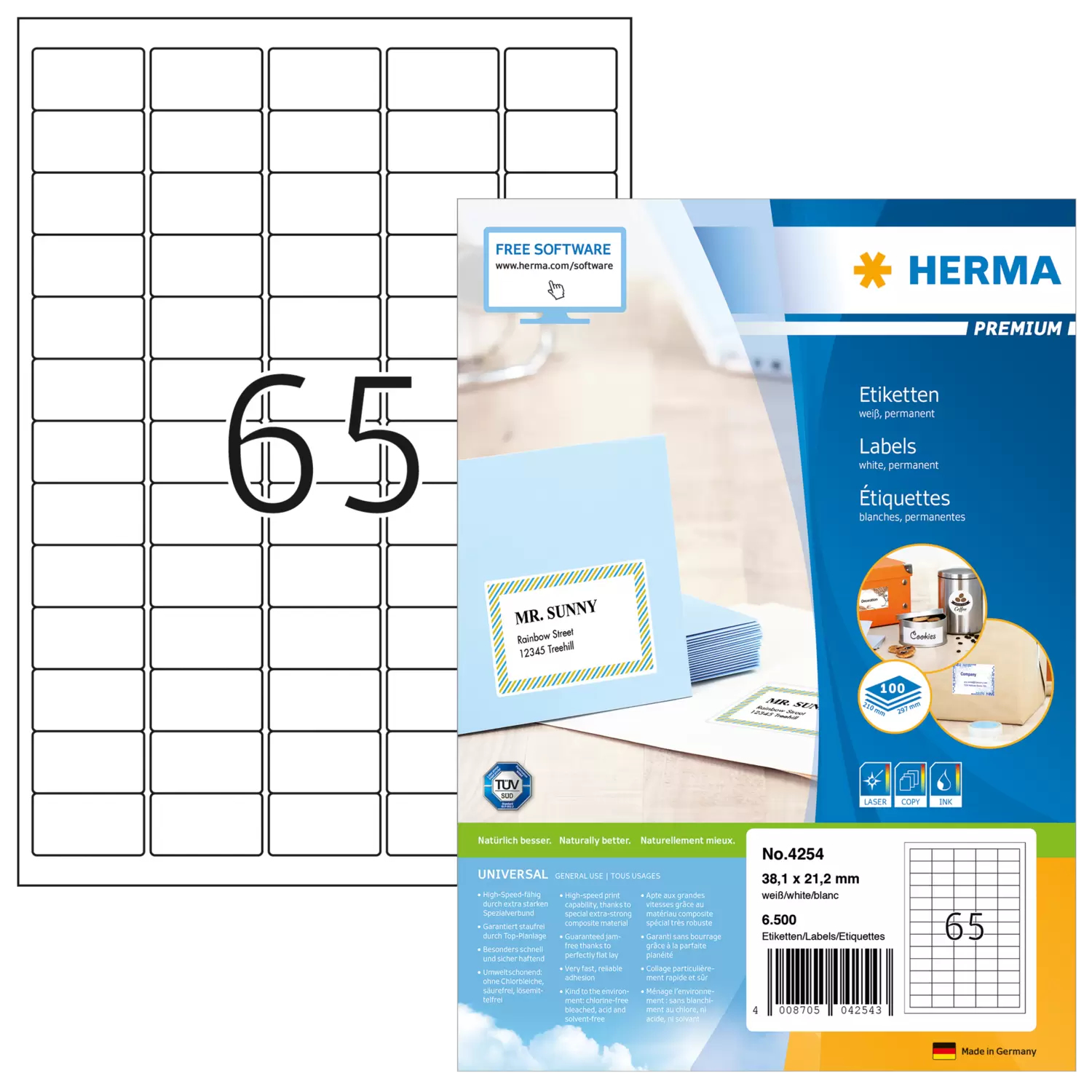 HERMA Premium - Papier - matt - permanent selbstklebend - High White - 38.1 x 21.2 mm 6500 Etikett(en) (100 Bogen x 65), Ansicht 4