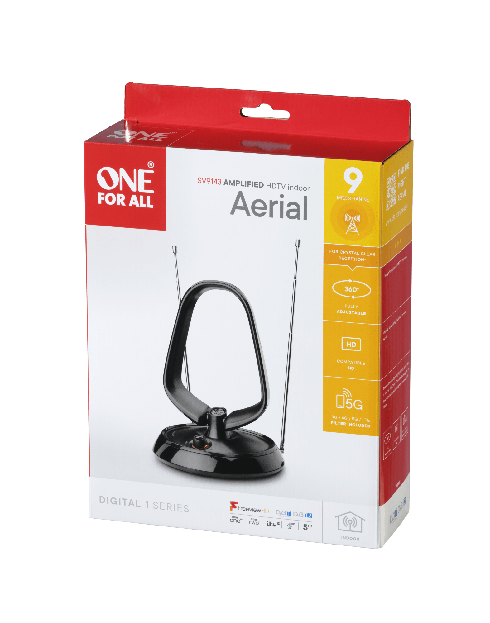One for All Value Line DVB-T Indoor Antenne 5G - Drinnen - Schwarz - 1 m - DVB-T - DVB-T2 - IEC male connector, Ansicht 3