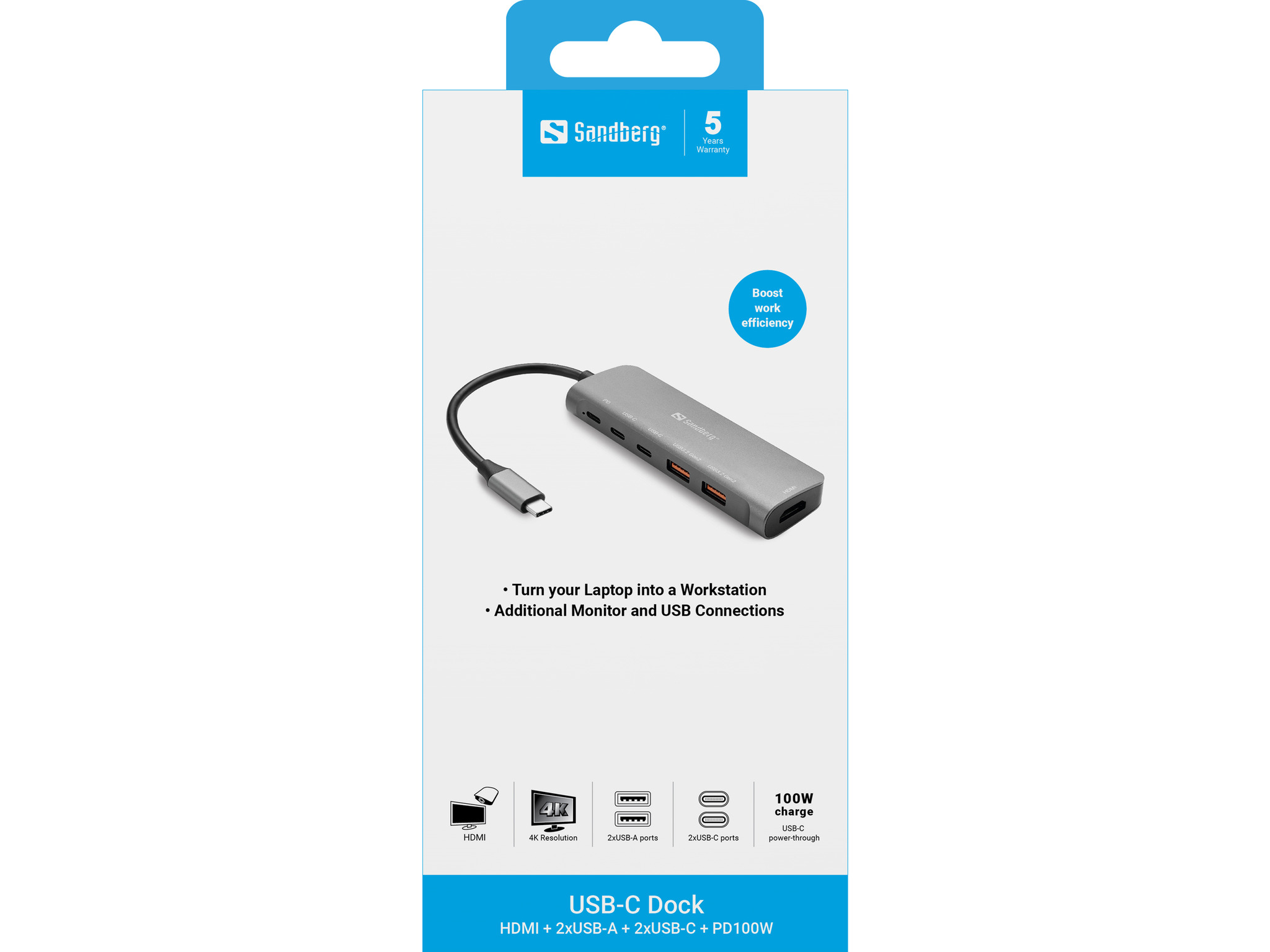 SANDBERG USB-C Dock HDMI+ 2xUSB-A+ 2xUSB-C+ PD100W, Ansicht 4