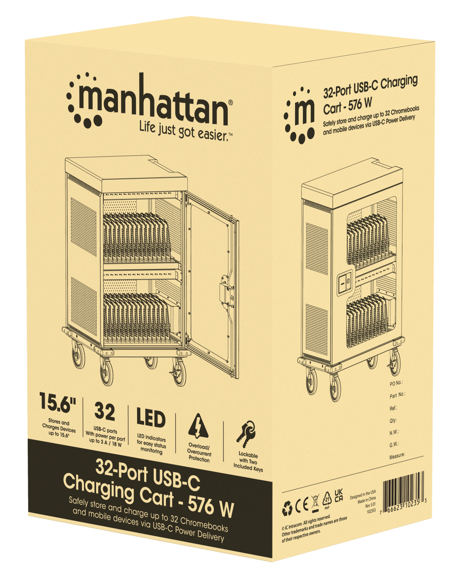 Manhattan Charging Cabinet/Cart via USB-C x32 Devices, Trolley, Power Delivery 18W per port (576W total) - grau, Ansicht 4