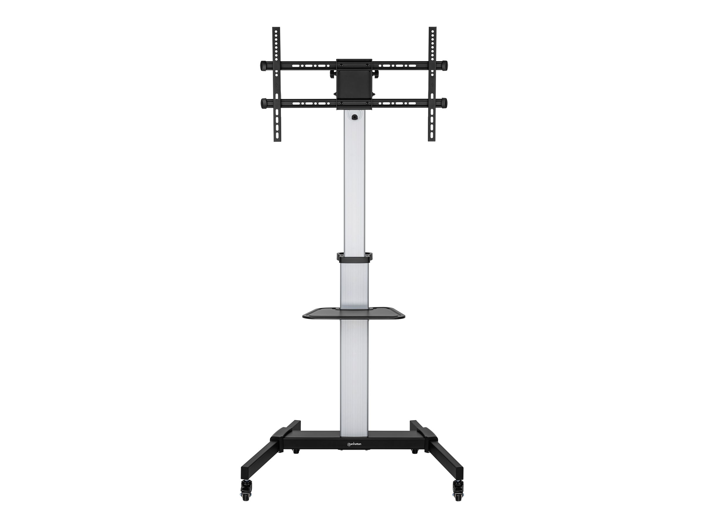Manhattan TV & Monitor Mount, Trolley Stand, 1 screen, Screen Sizes: 37-86", -10 to 5° Tilt, 90° Rotation, Silver/Black, VESA 200x200 to 600x400mm, Max 50kg, Height adjustable 1200 to 1600mm, AV/Laptop shelf, Aluminium, LFD, Lifetime Warranty - Wagen - fü