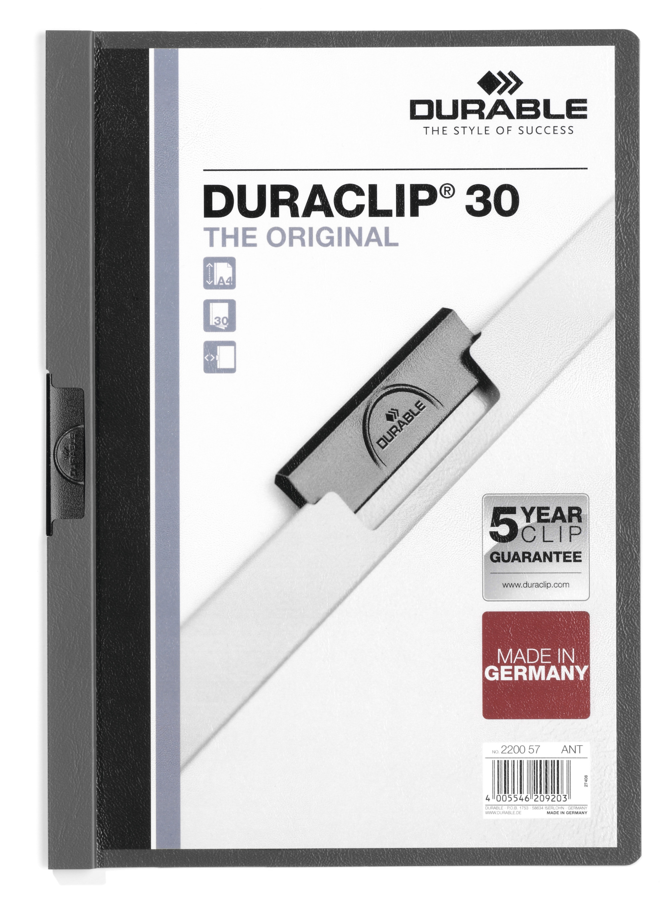 Durable 220057 - Konventioneller Dateiordner - A4 - PVC - Anthrazit - Grau - Matt - Porträt