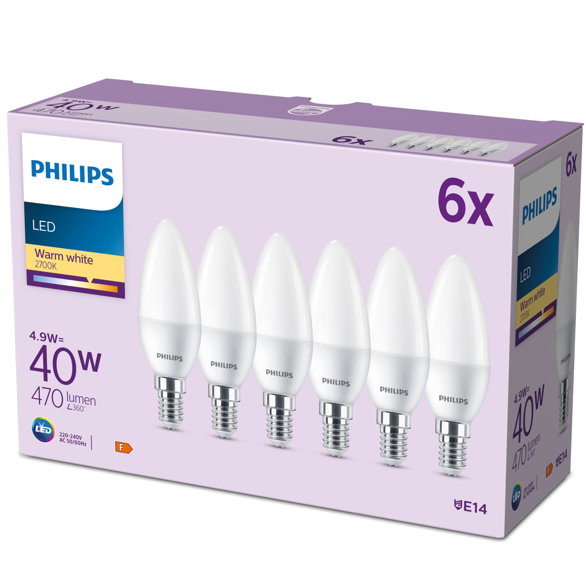 Philips Kerzenlampe 40W B35 E14 x6 - 4,9 W - 40 W - E14 - 470 lm - 15000 h - Warmweiß, Ansicht 2