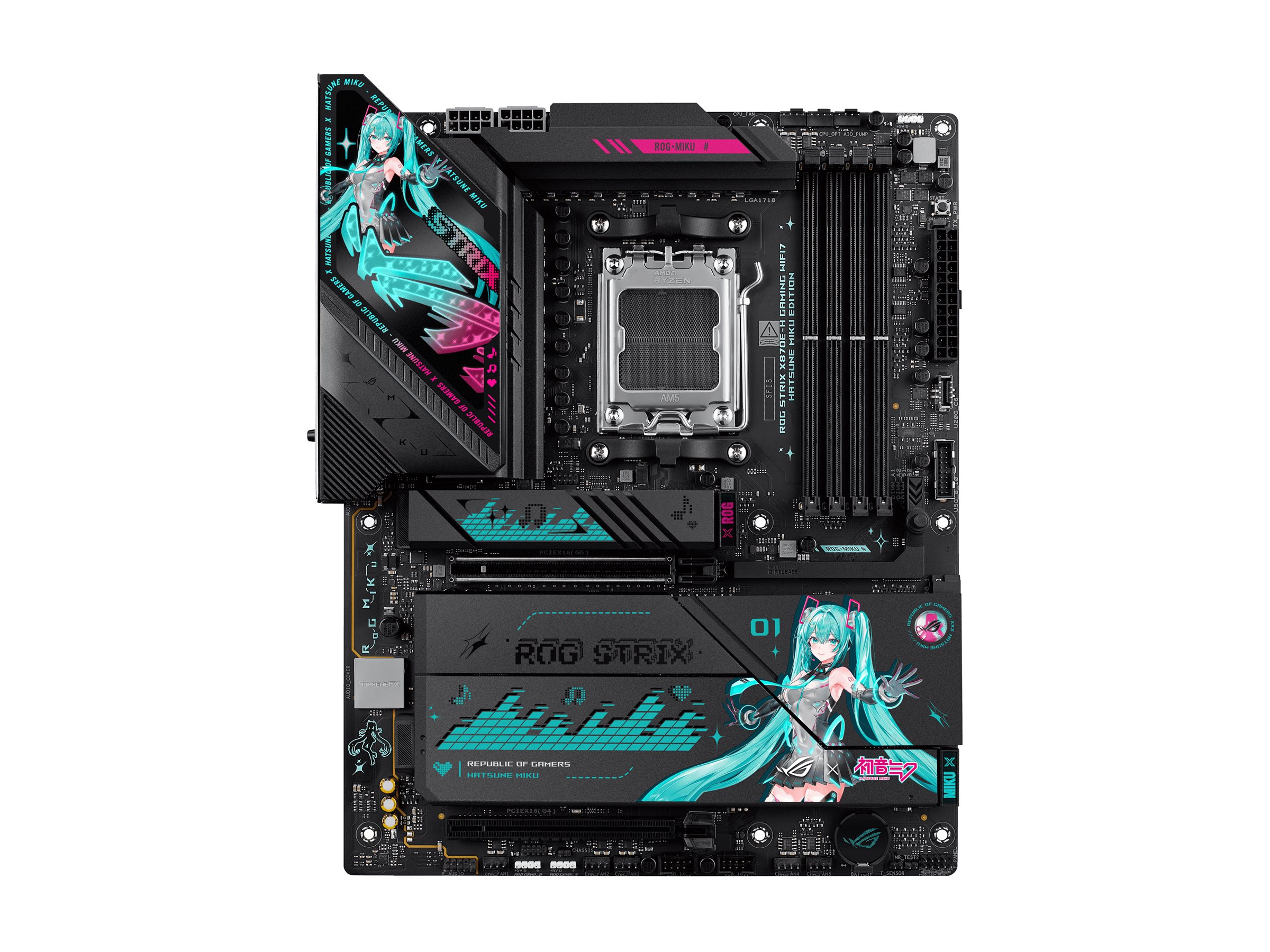 ASUS ROG STRIX X870E-H GAMING WIFI7 - Hatsune Miku Edition - Motherboard - ATX - Socket AM5 - AMD X870E Chipsatz - USB4, USB-C 3.2 Gen 2x2, USB-C 3.2 Gen2, USB 3.2 Gen 2, USB 3.2 Gen 1 - Wi-Fi 7, 5 Gigabit Ethernet, Bluetooth - Onboard-Grafik (CPU erforde