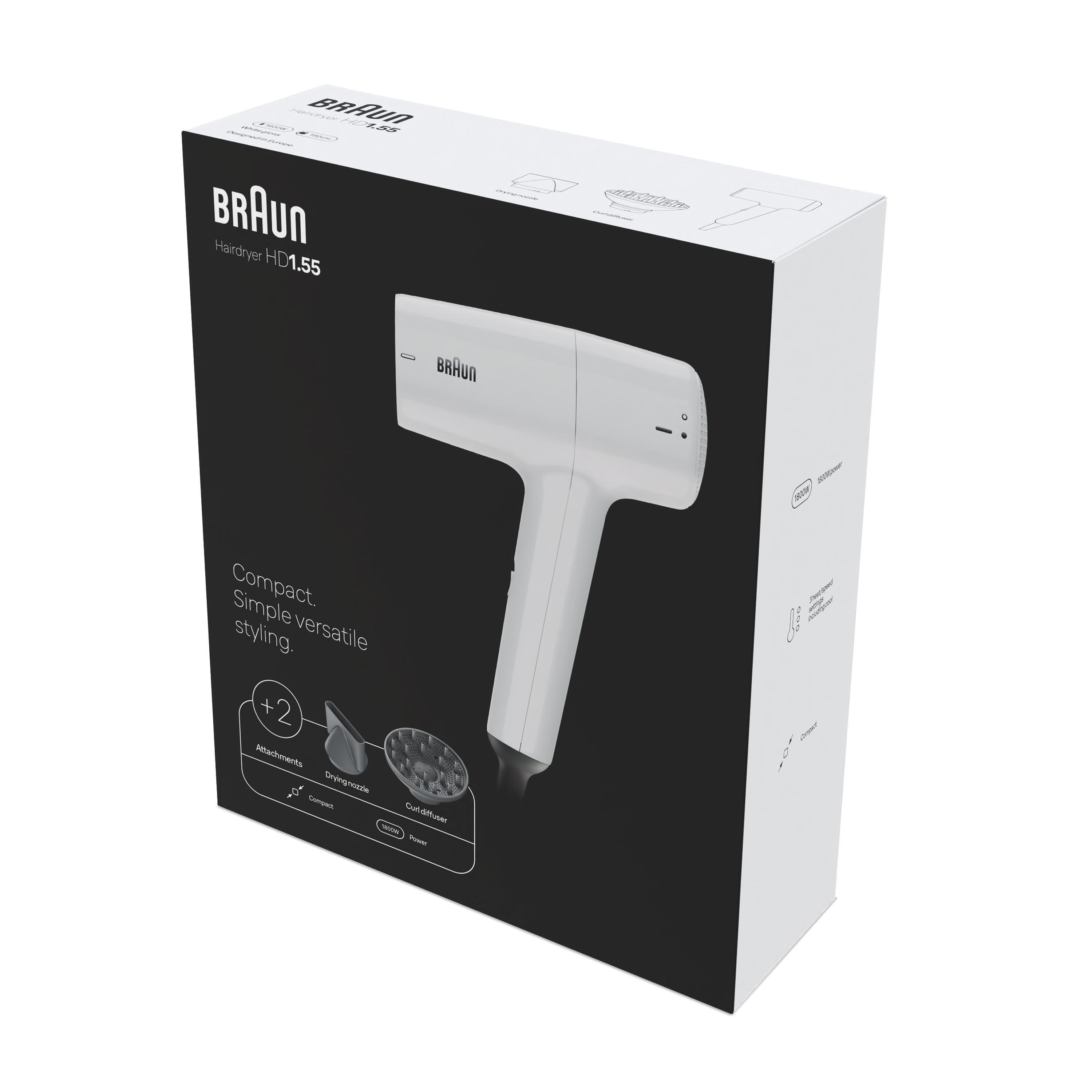 Braun HD1.55 Haartrockner, Weiß, Einfarbig, 1,8 m, 1800 W, Box, Ansicht 2
