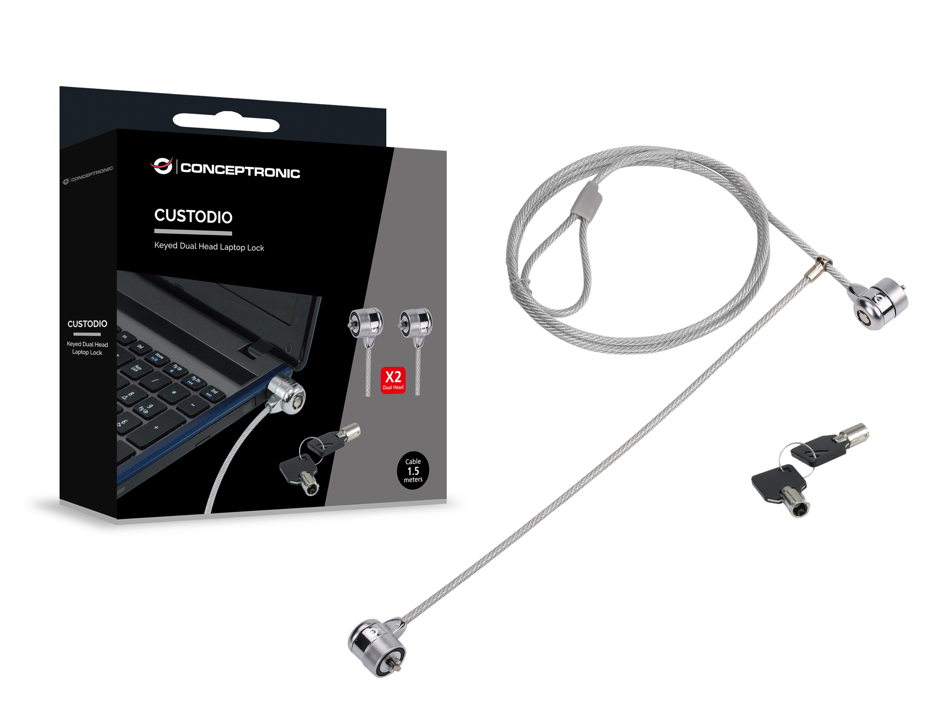 Conceptronic Doppel-Notebook-Schloss - Laptop-Kabelschloss mit 2 Schlössern - 1,5 Meter - 1,5 m - 2 Schlüssel - Silber, Ansicht 3