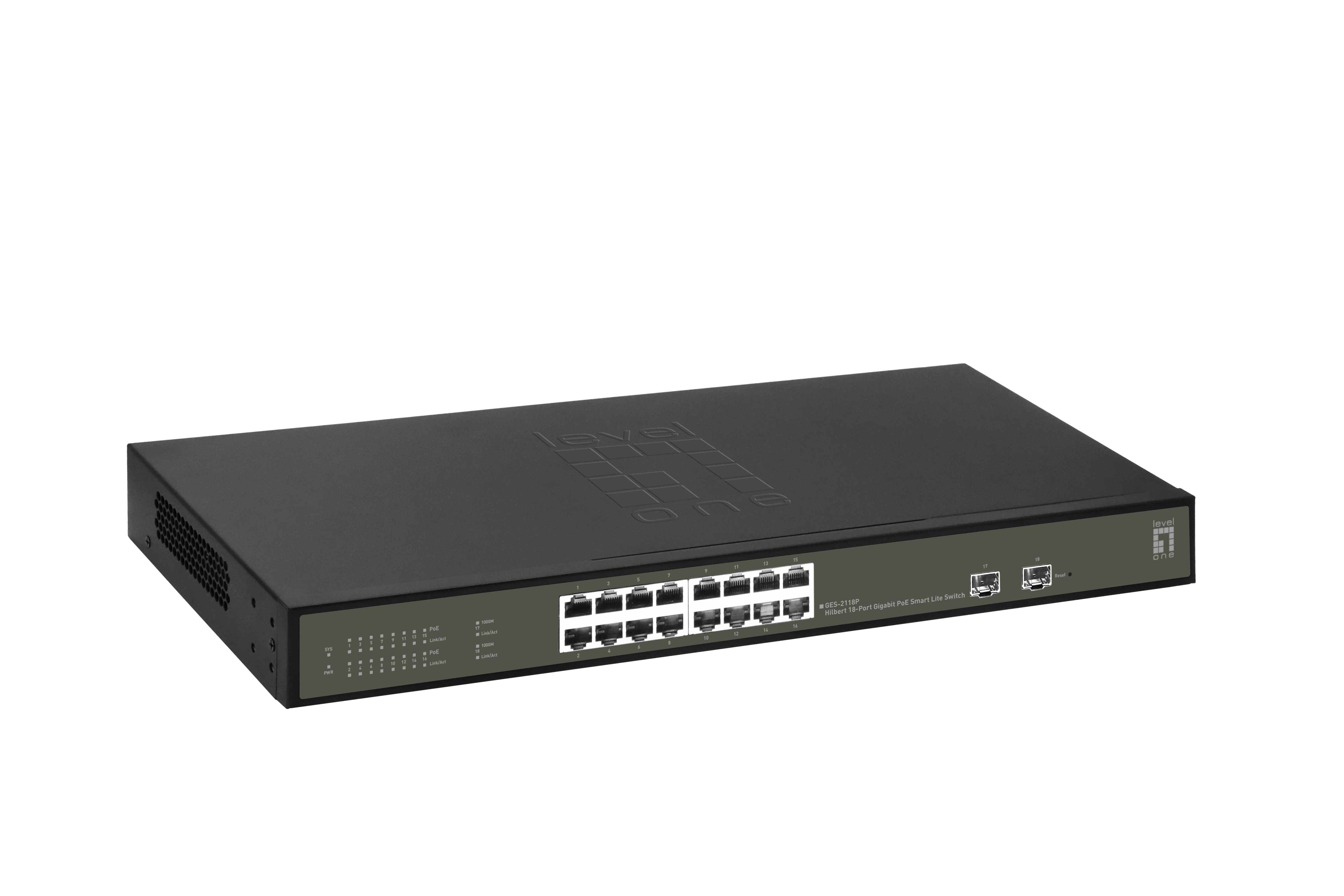 LevelOne Hilbert 18-Port Gigabit PoE Smart Lite Switch - 16 PoE Ausgänge - 2 x Gigabit SFP - 802.3at/af PoE - 230W, Ansicht 4