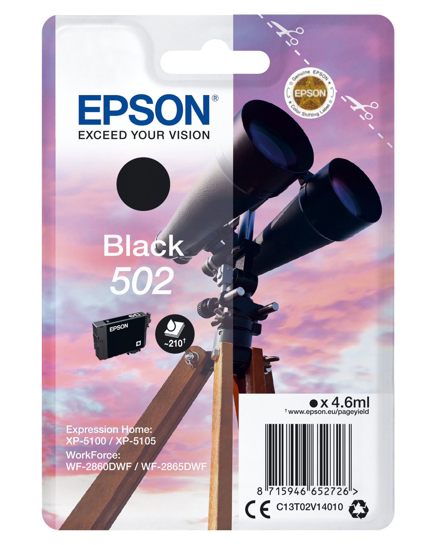 Epson Singlepack Black 502 Ink, Standardertrag, Tinte auf Pigmentbasis, 4,6 ml, 210 Seiten, 1 Stück(e)