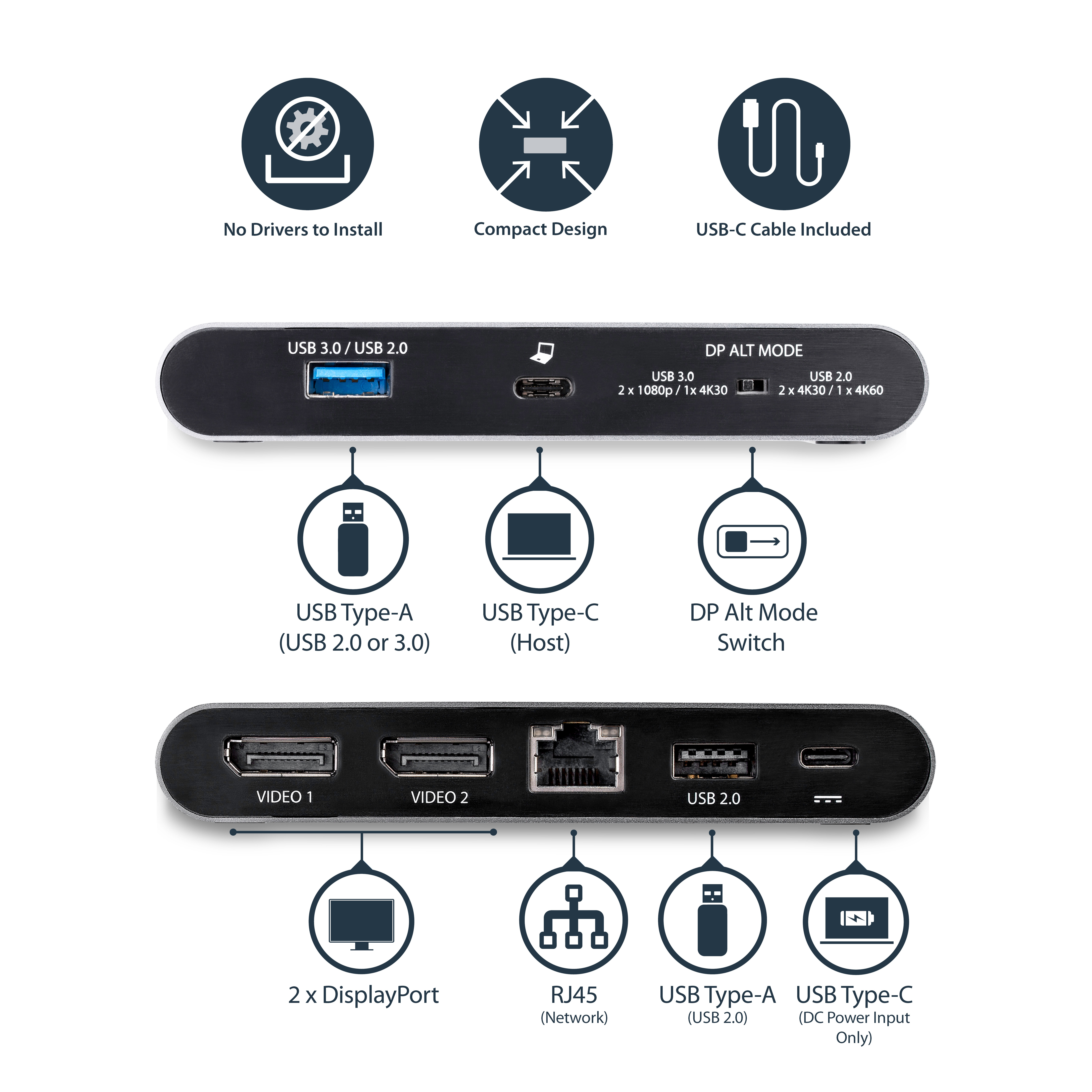 StarTech.com USB C Dock, 4K Dual Monitor DisplayPort, Mini Laptop Docking Station, 100W Power Delivery Passthrough, Ansicht 2