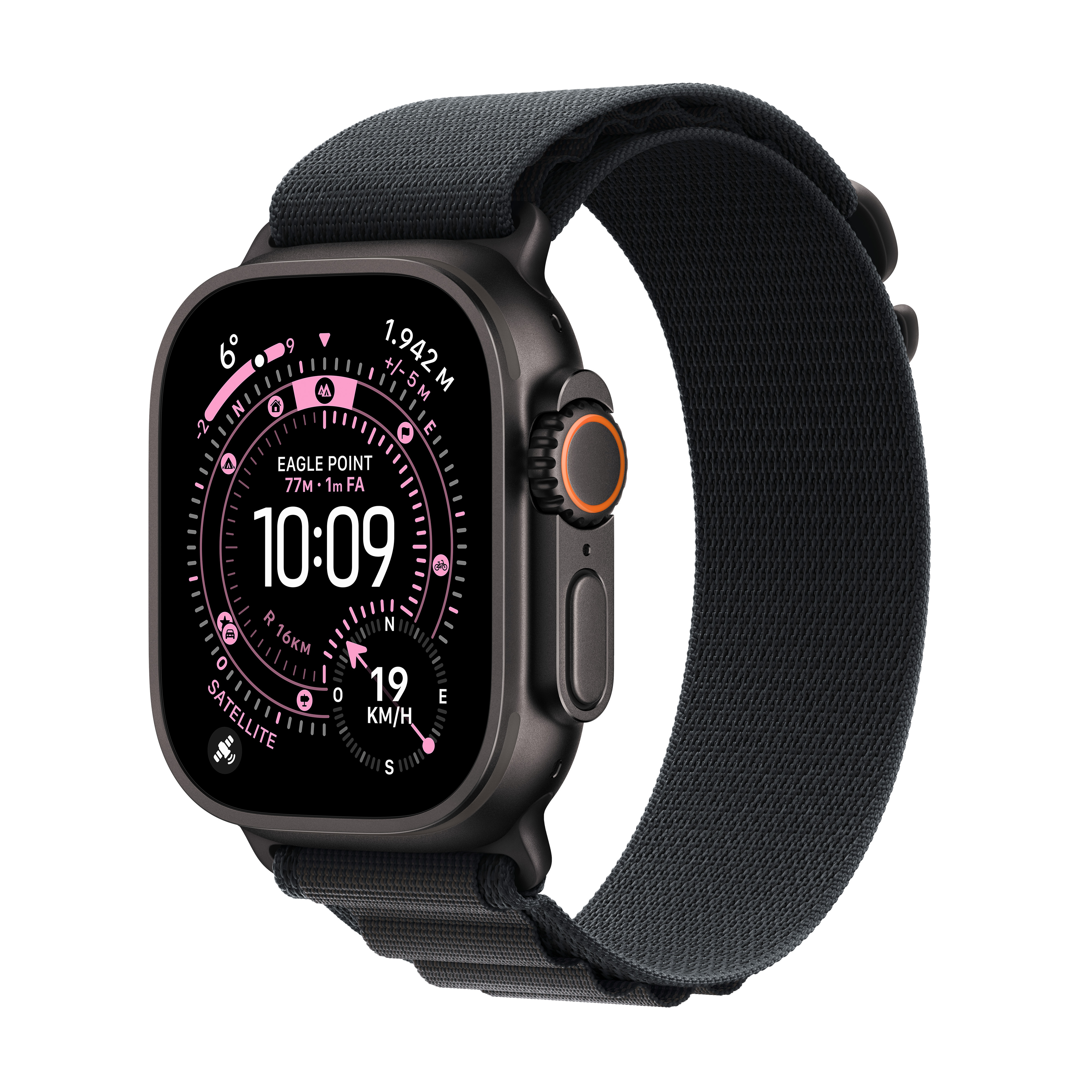 Apple Watch Ultra 3 - 49 mm - Black Titanium intelligente Uhr mit Alpenrundfahrt - Textil - schwarz - Bandgröße: L - 64 GB - LTE, NFC, Wi-Fi 4, UWB, Bluetooth - 5G - 61.8 g