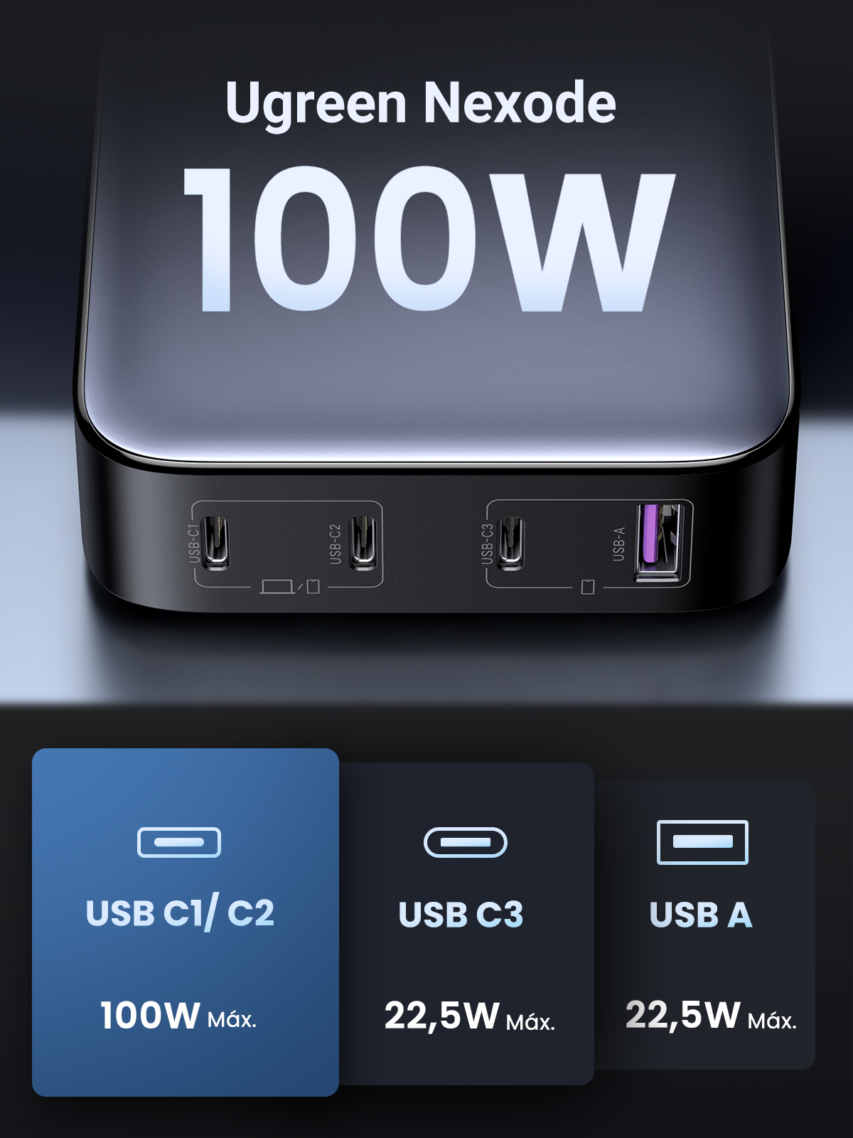 Ugreen Nexode - Netzteil - GaN - 100 Watt - 5 A - Power Delivery 3.0 + PPS, Fast Charge - 4 Ausgänge (3 x USB-C, USB), Ansicht 3