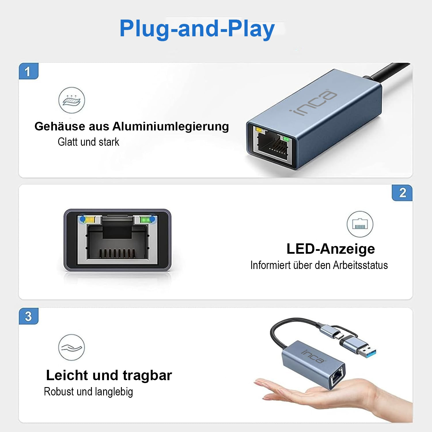 INCA Adapter IUTP-01TX Ethernet> USB und Typ C Anschluss - Adapter - Digital/Daten, Ansicht 3