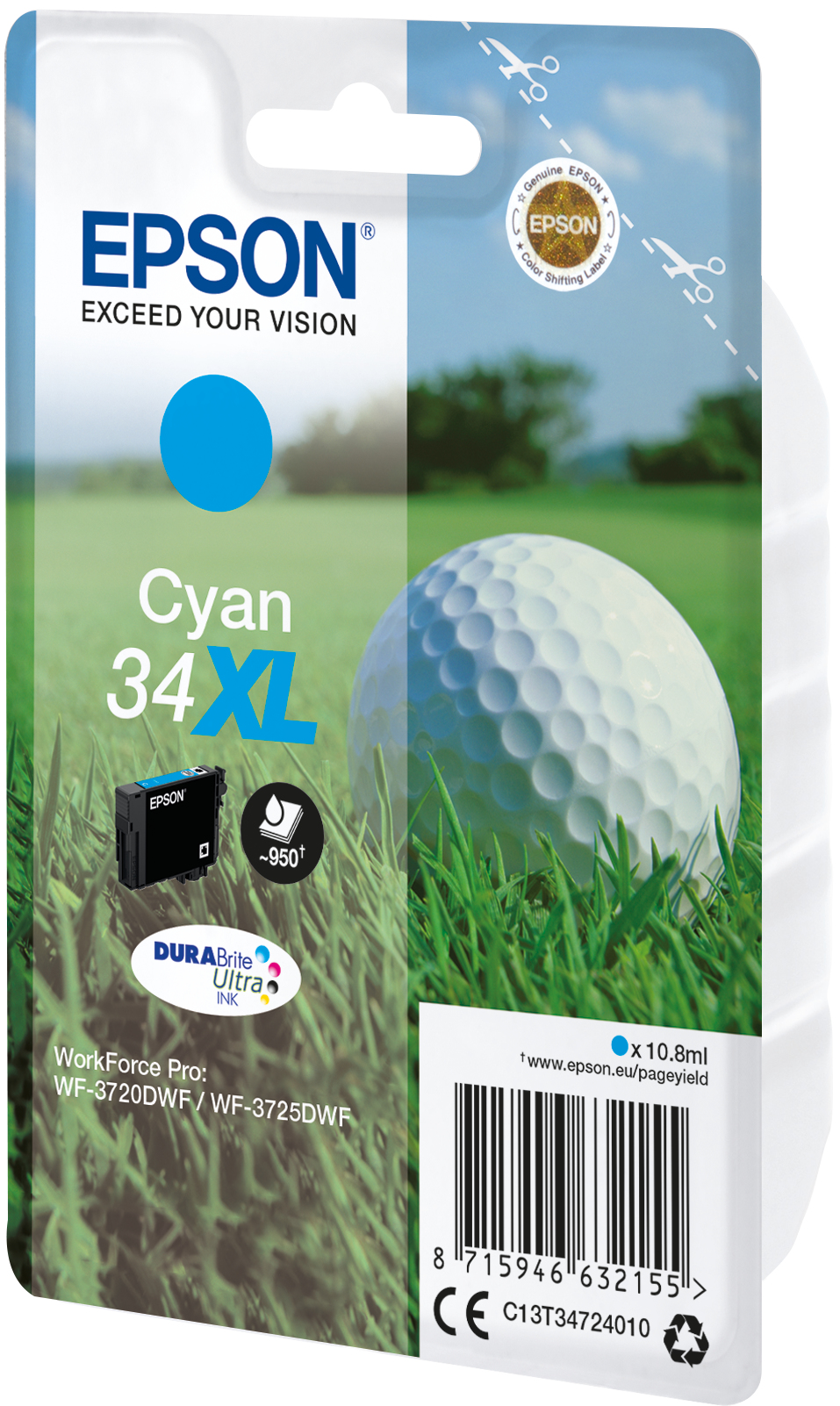 Epson Golf ball Singlepack Cyan 34XL DURABrite Ultra Ink - Hohe (XL-) Ausbeute - 10,8 ml - 950 Seiten - 1 Stück(e)