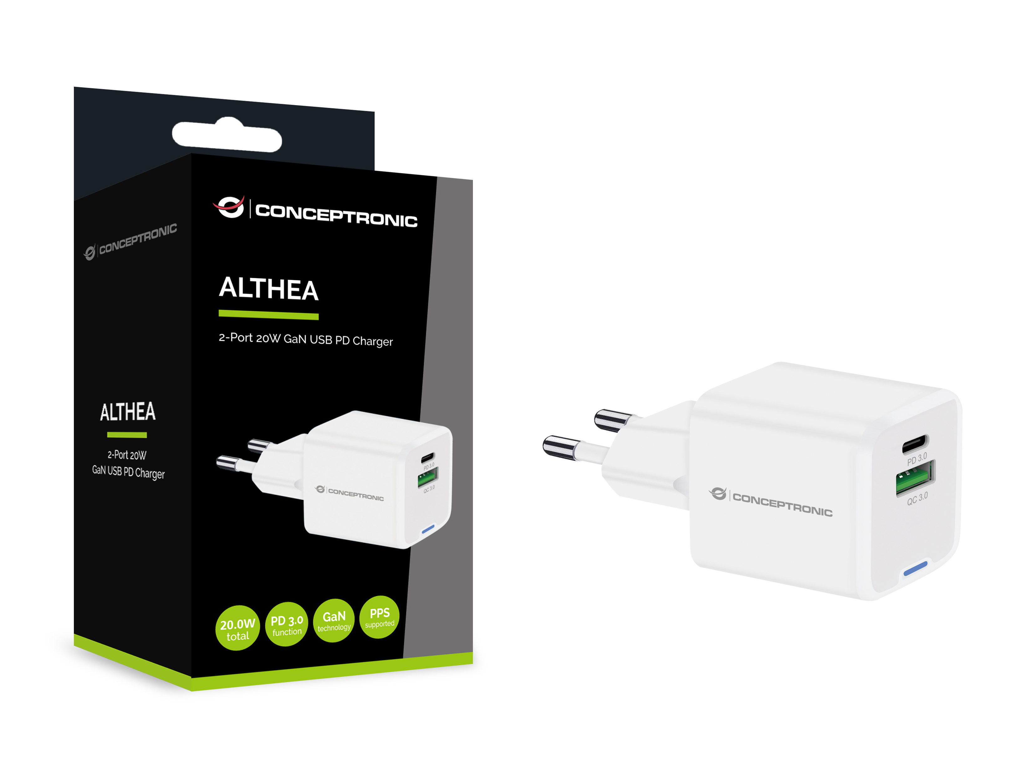 Conceptronic Ladegerät 2Port 20W 1xUSB-C 1xUSB-A 1.5m ws, Ansicht 3