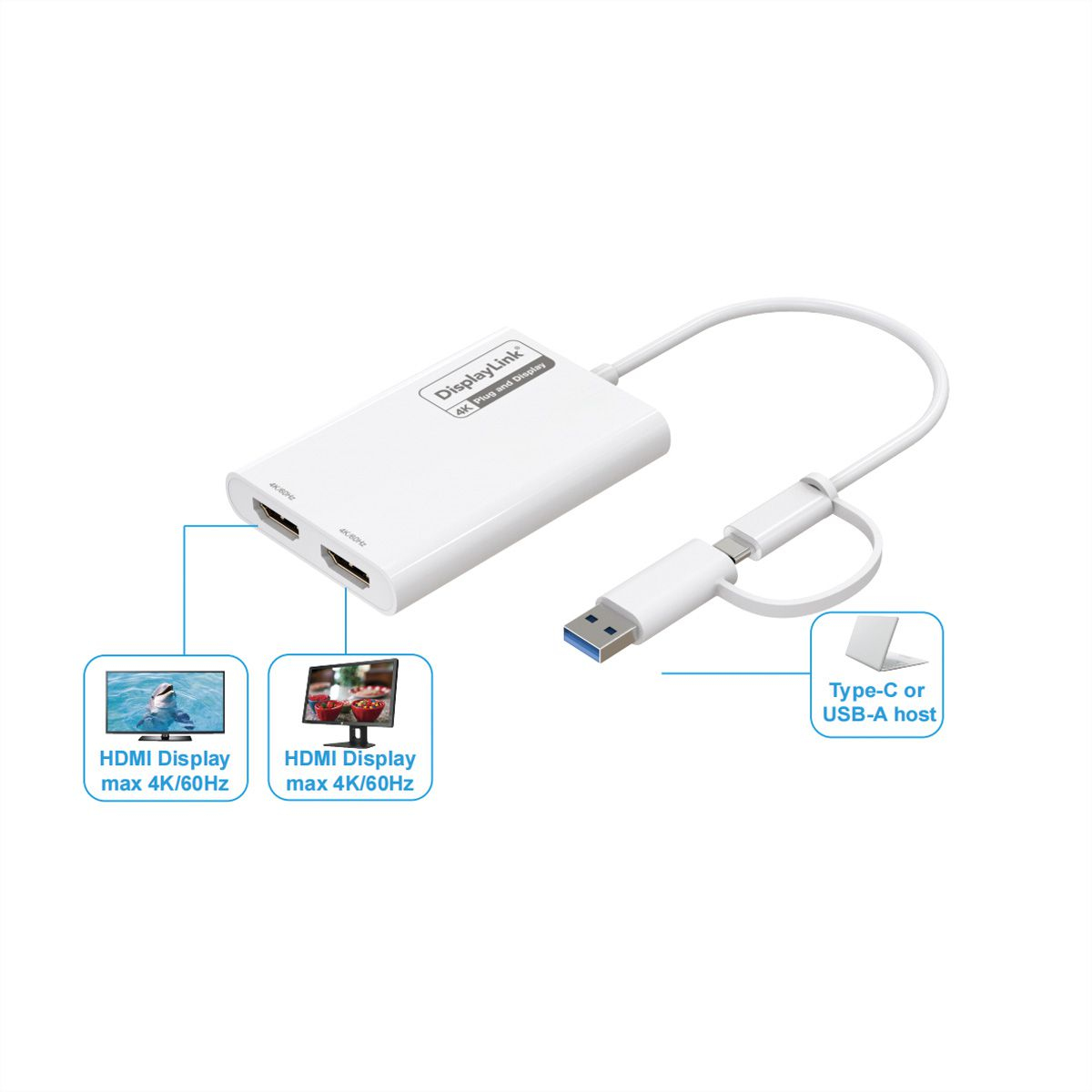 ROLINE Display Adapter USB Typ C A - Dual HDMI 4K60 ST/BU - Adapter - Digital/Daten, Ansicht 2