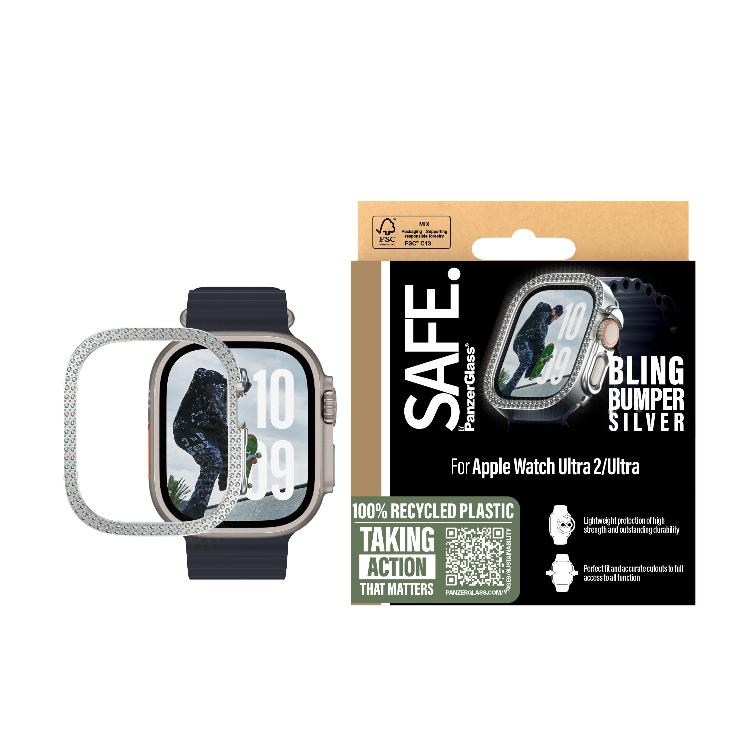 PanzerGlass SAFE. by PanzerGlass - Stoßstange für Apple Watch Ultra 2 (49 mm) - Polycarbonat - Bling Silver, Ansicht 2
