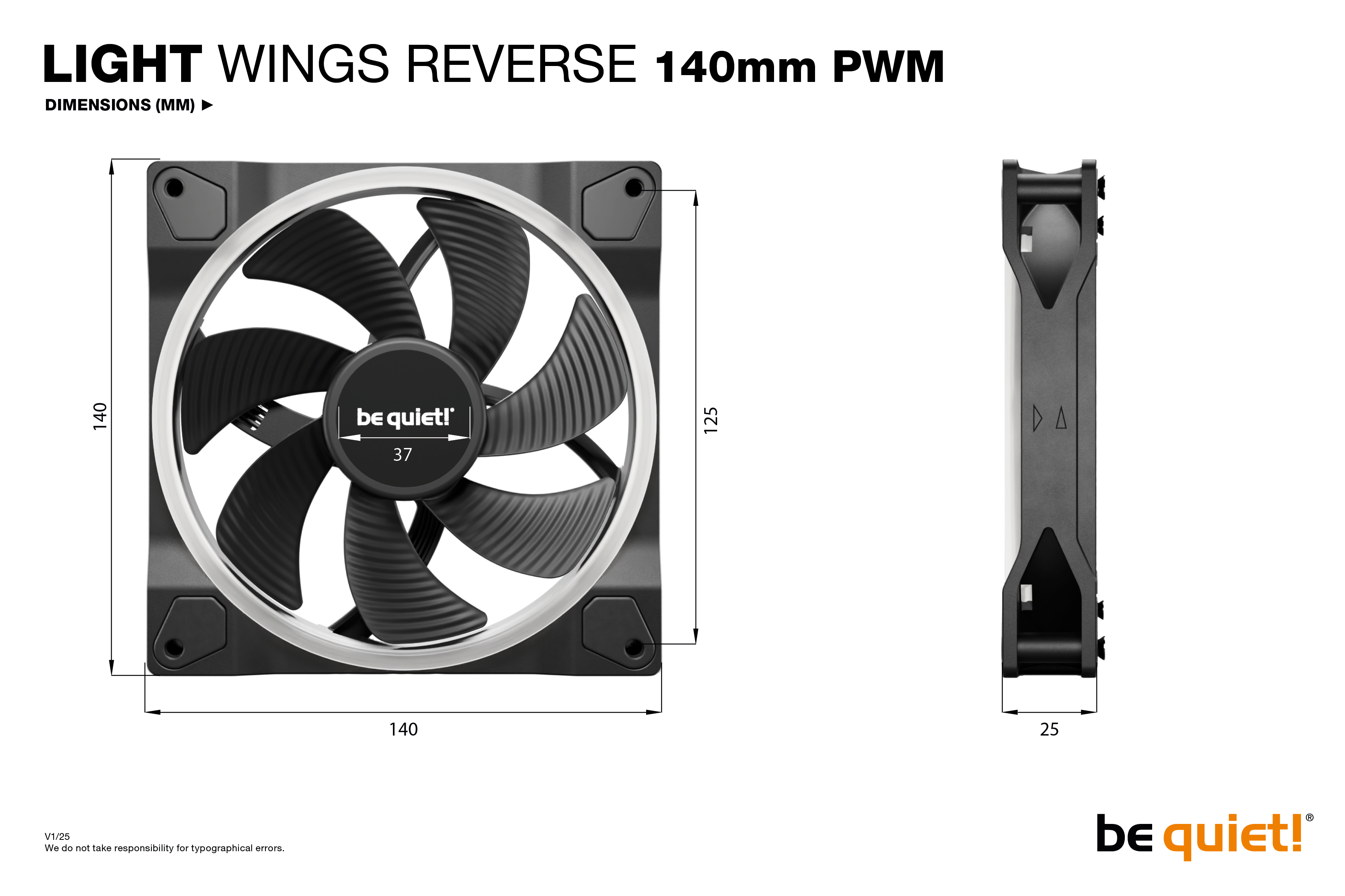 Be Quiet! Light Wings PWM Lüfter 140mm Reverse Black - Gehäuse-Lüfter - 25,5 dB, Ansicht 2