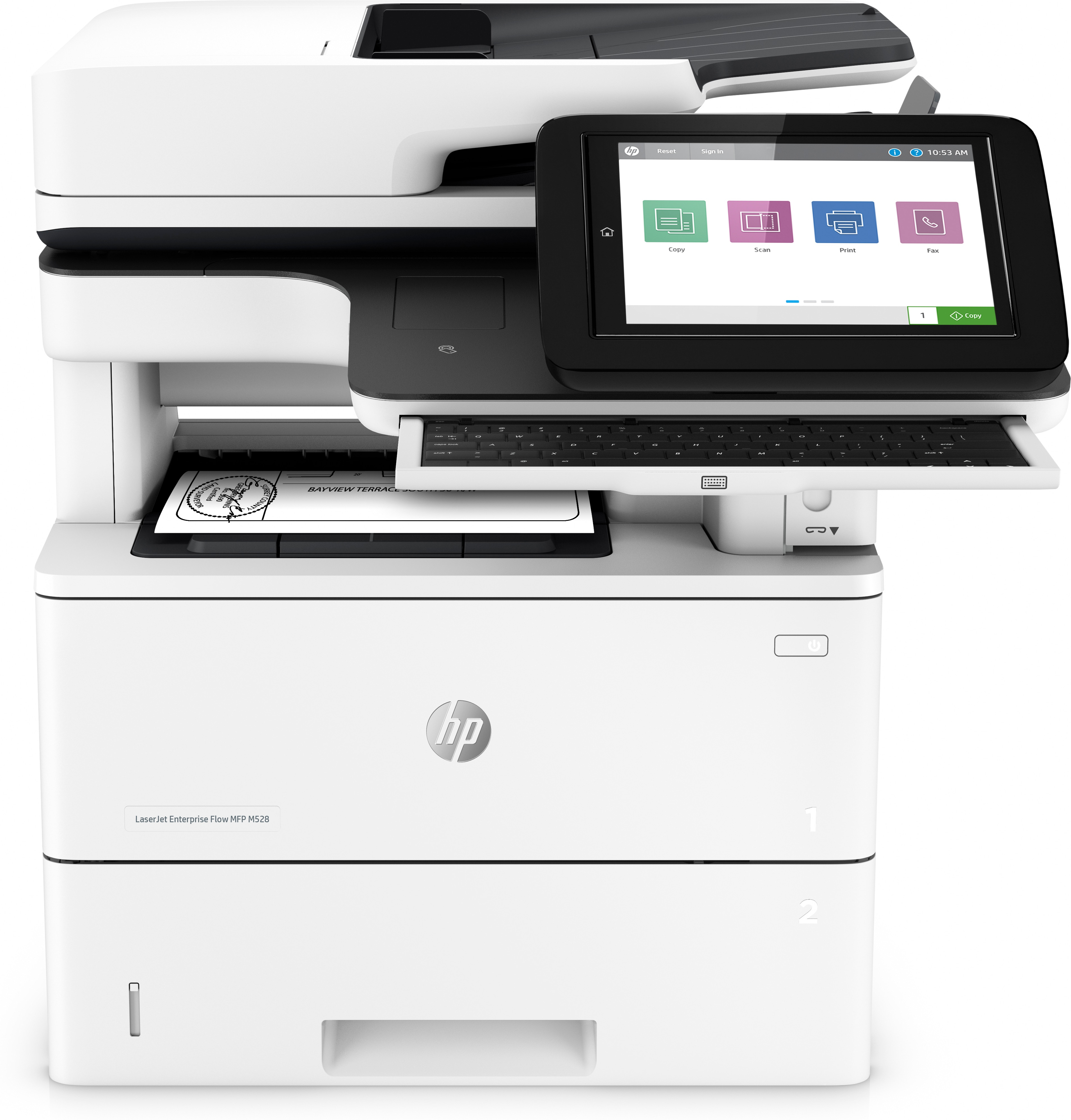 HP LaserJet Enterprise Flow MFP M528z, Drucken, Kopieren, Scannen, Faxen, Drucken über die USB-Schnittstelle an der Vorderseite des Druckers; Scannen an E-Mail; Beidseitiger Druck; Beidseitiges Scannen, Laser, Monodruck, 1200 x 1200 DPI, A4, Direktdruck, Schwarz, Weiß