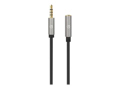 Manhattan Stereo Audio 3.5mm Extension Cable, 1m, Male/Female, Slim Design, Black/Silver, Premium with 24 karat gold plated contacts and pure oxygen-free copper (OFC)