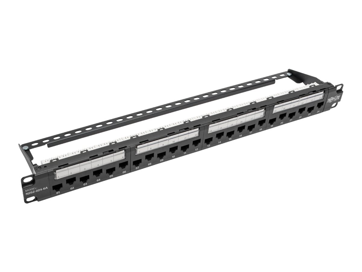 Tripp Eaton Tripp Lite Series 24-Port 1U Rack-Mount Cat6aCat6Cat5e 110 Patch Panel with Cable Management Bar 110 Punchdown RJ45 TAA - Patch Panel - RJ-45 X 24 - Schwarz - 1U - 48.3 cm (19)