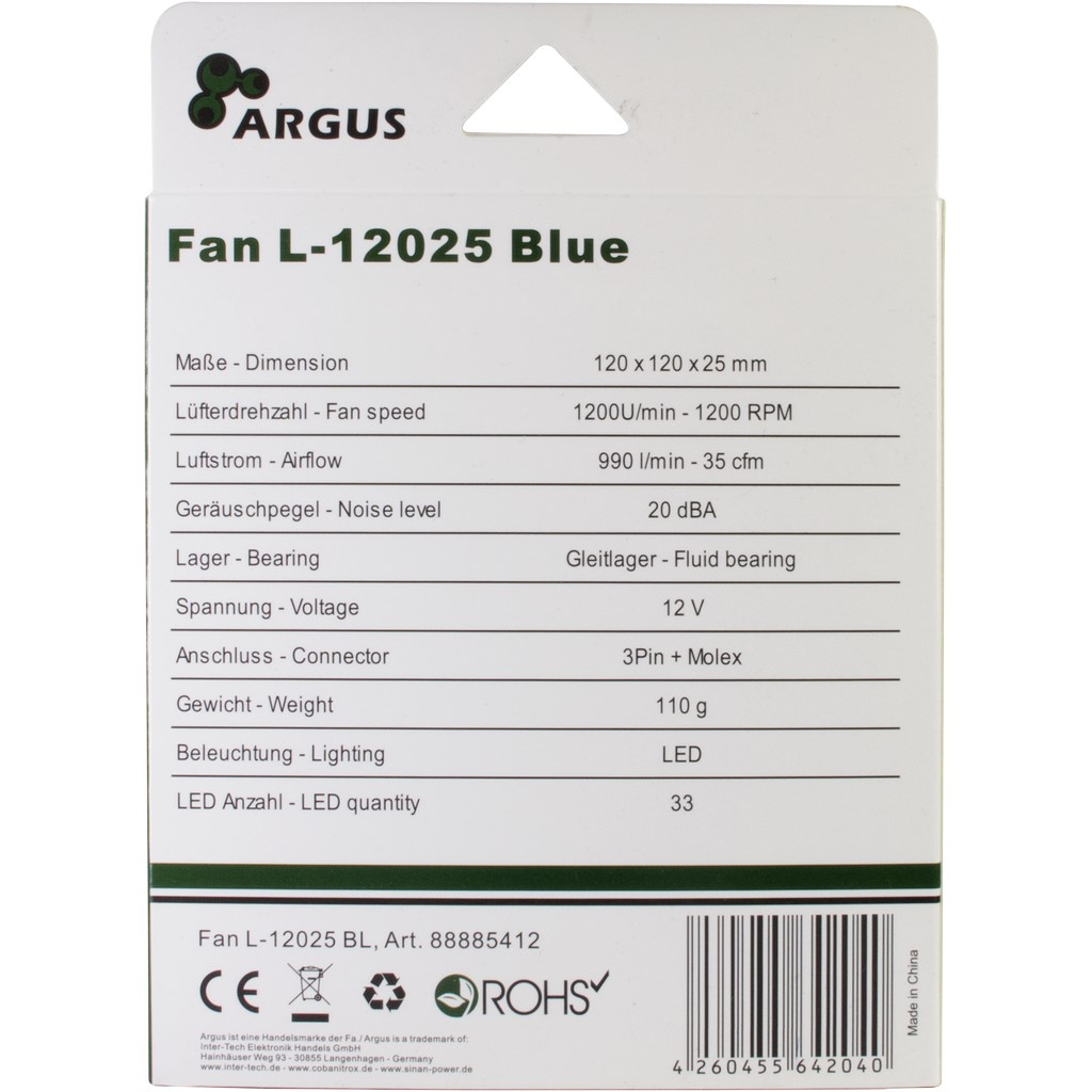 Inter-Tech Argus L-12025 - Gehäuselüfter - 120 mm - Blau, Ansicht 4